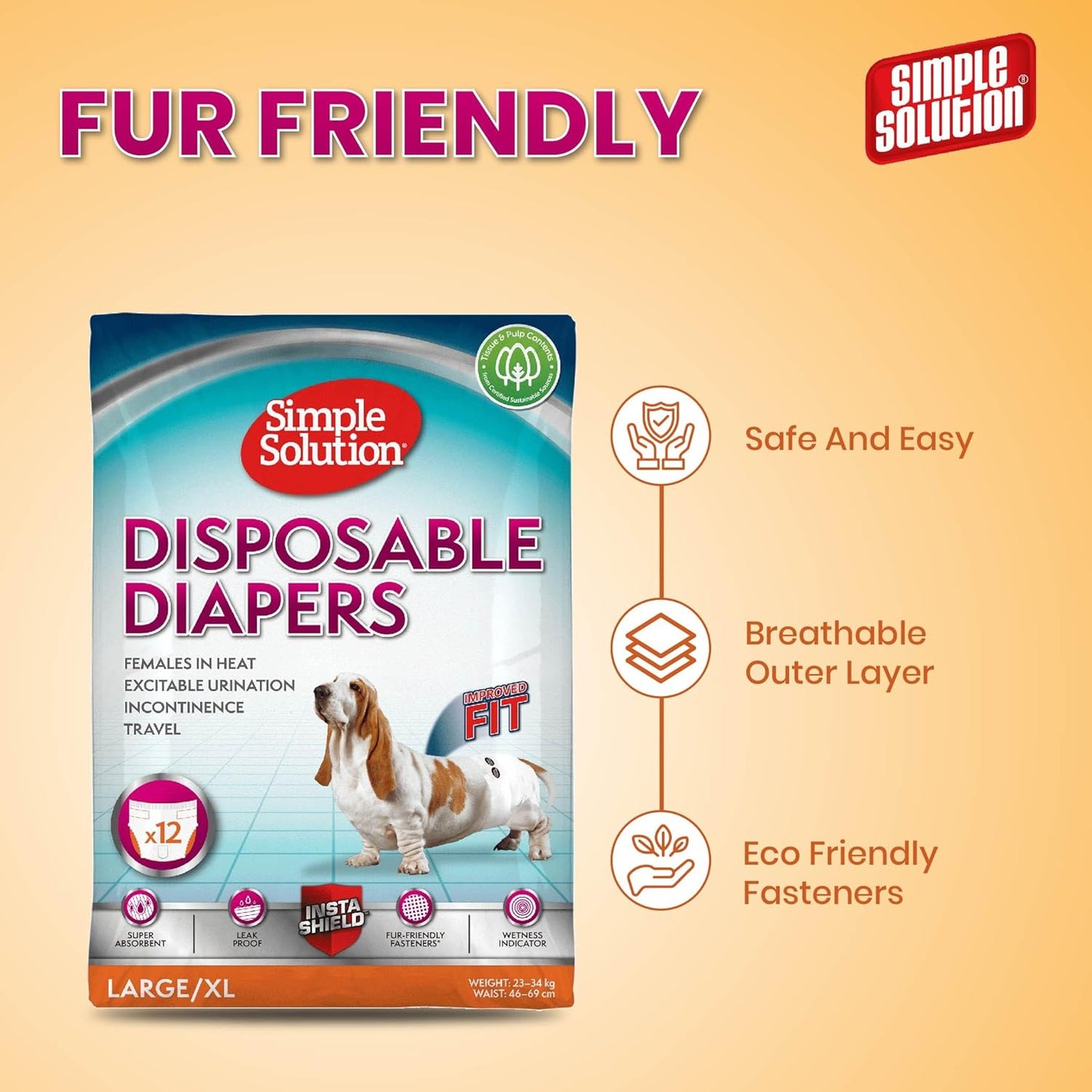 Simple Solution Disposable Dog Diapers for Female Dogs, Super Absorbent Leak-Proof Fit with Wetness Indicator for Excitable Urination, Incontinence or females in heat - 12 pack