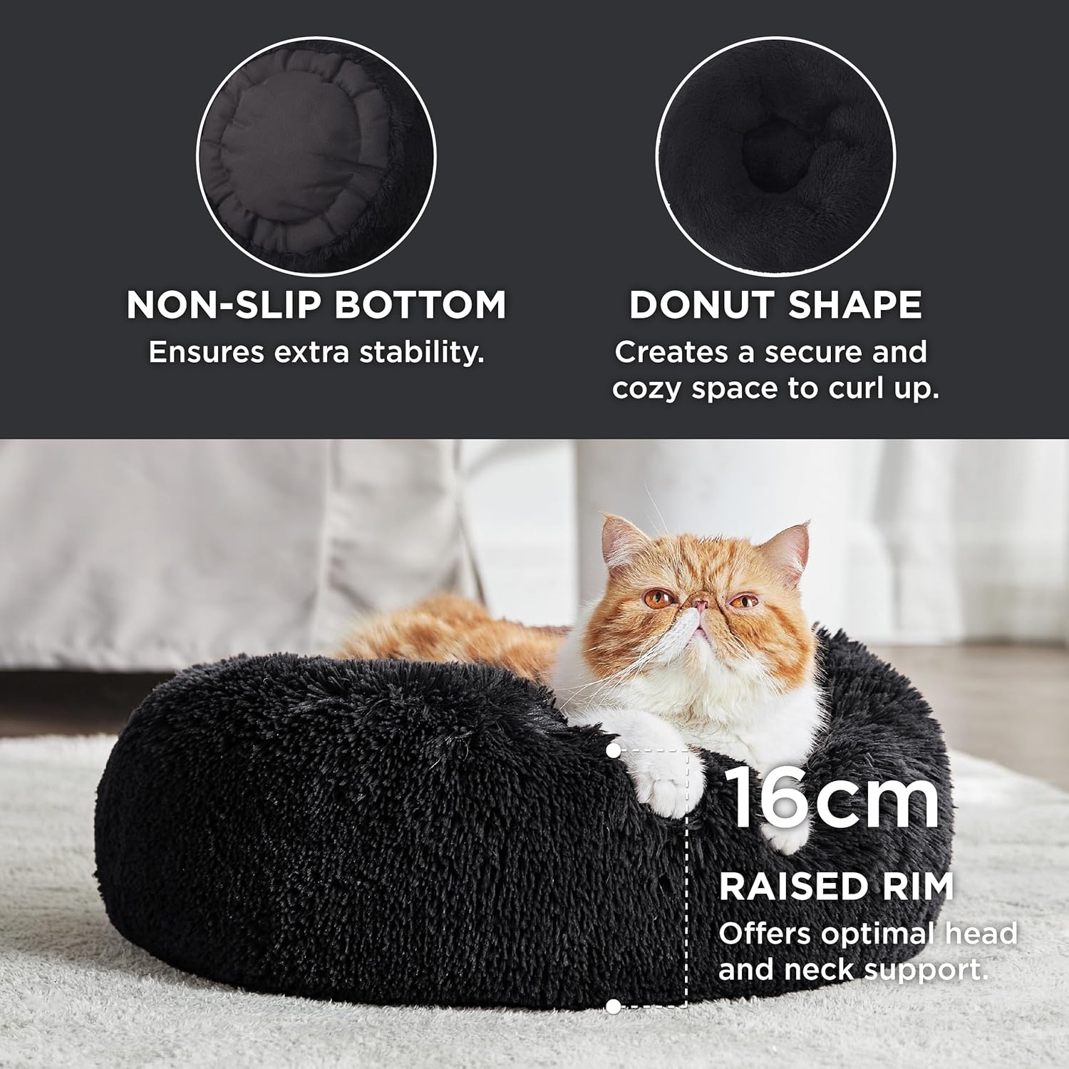 Bedsure Dog Bed Donut Bed - Washable Cat Beds for Indoor Cats Large, Fluffy Calming Kitten Bed for Small Dog and Puppy, Grey, 50x50x16cm - Comfort Style