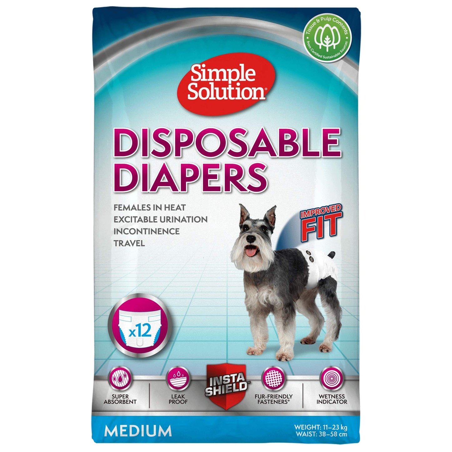 Simple Solution Disposable Dog Diapers for Female Dogs, Super Absorbent Leak-Proof Fit with Wetness Indicator for Excitable Urination, Incontinence or females in heat - 12 pack