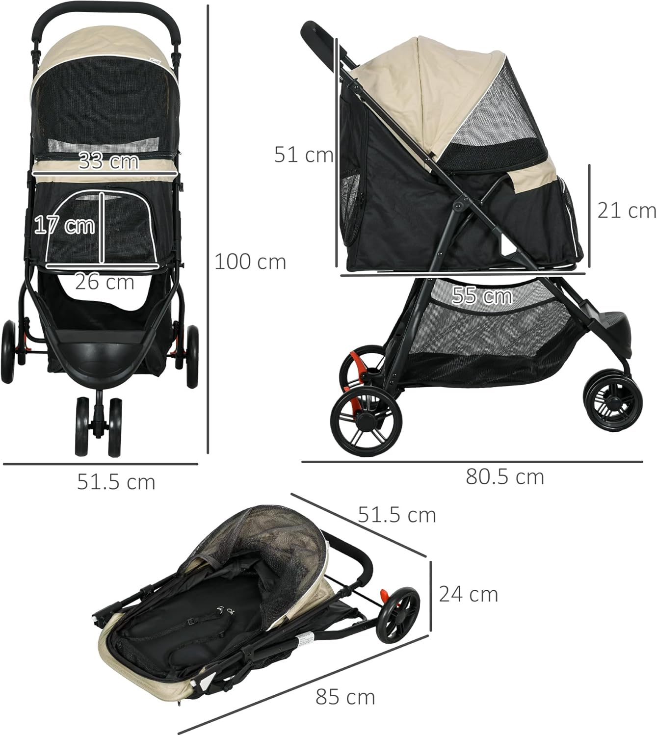 PawHut Dog Pram with Rain Cover Pet Stroller, Foldable Dog Pushchair for Small and Miniature Dogs, Cats - Khaki