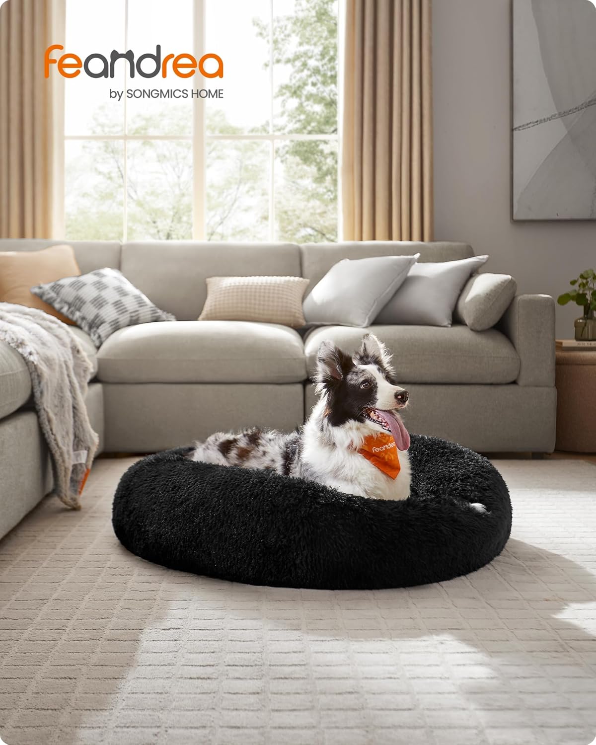 Feandrea Dog Bed, Donut Cat Bed, Fluffy Calming Pet Bed with Removable, Washable Cover, Soft Long Plush, 50 cm, Grey - Comfort Style