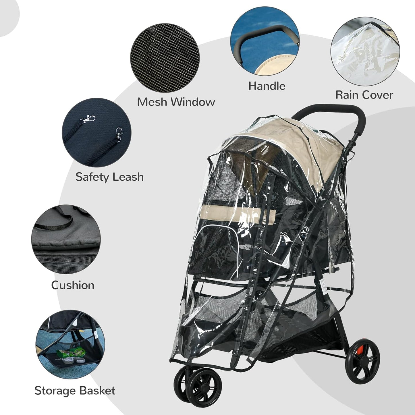 PawHut Dog Pram with Rain Cover Pet Stroller, Foldable Dog Pushchair for Small and Miniature Dogs, Cats - Khaki