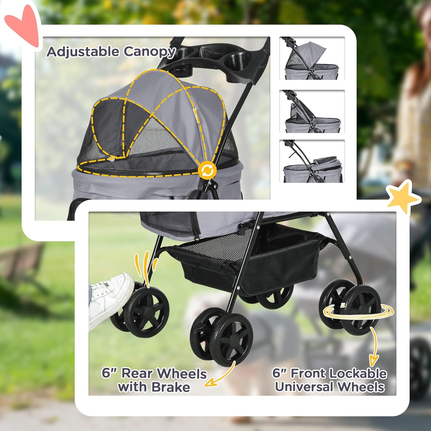PawHut Dog Pram Dog Stroller Foldable Pet Pushchair with 4 Wheels, Safety Leashes, Cup Holder for Small Dogs, Grey