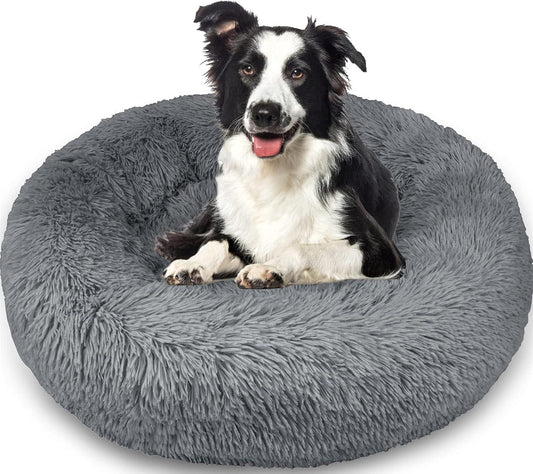 Enjamoy Plush Donut Dog Bed, Calming Round Dog Cat Bed Soft and Fluffy Cuddler Pet Cushion Self-Warming Puppy Beds Machine Washable, Grey 50cm - Comfort Style