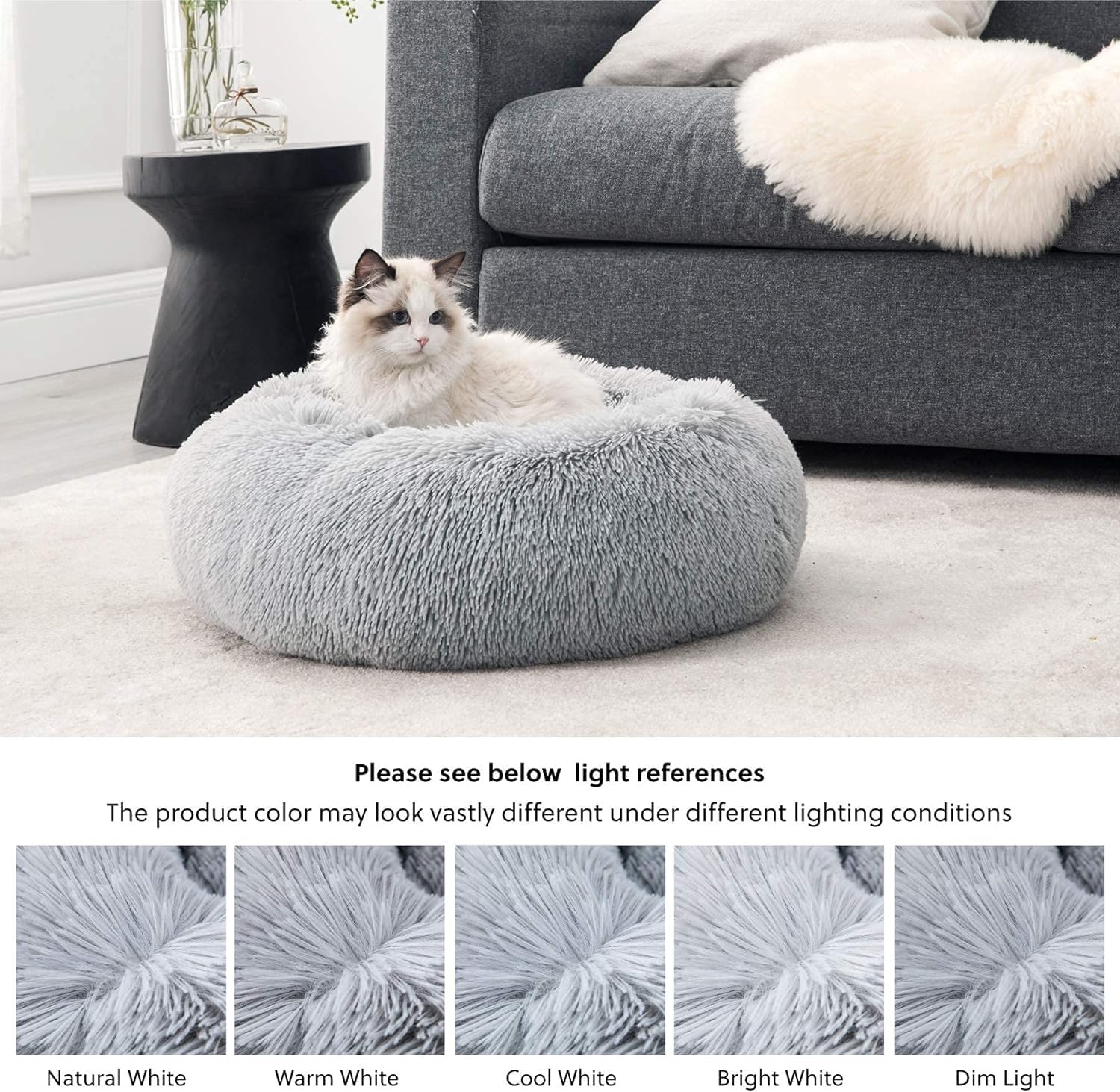 Bedsure Dog Bed Donut Bed - Washable Cat Beds for Indoor Cats Large, Fluffy Calming Kitten Bed for Small Dog and Puppy, Grey, 50x50x16cm - Comfort Style