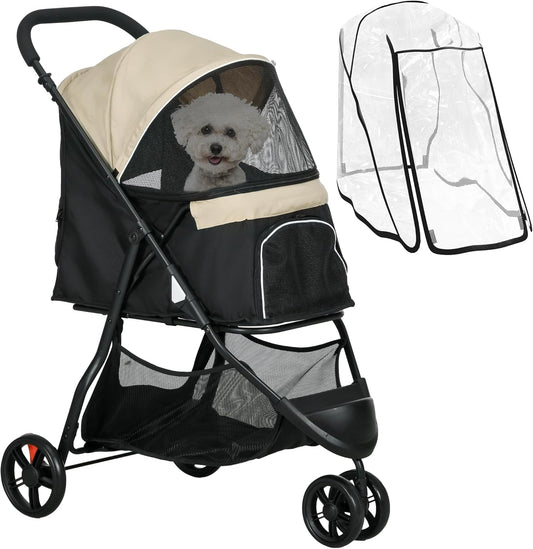 PawHut Dog Pram with Rain Cover Pet Stroller, Foldable Dog Pushchair for Small and Miniature Dogs, Cats - Khaki