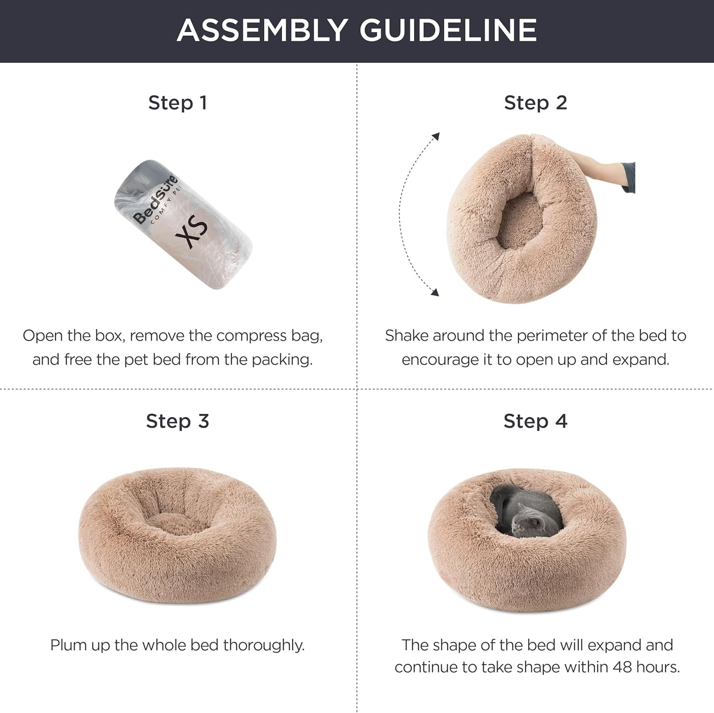 Bedsure Dog Bed Donut Bed - Washable Cat Beds for Indoor Cats Large, Fluffy Calming Kitten Bed for Small Dog and Puppy, Grey, 50x50x16cm - Comfort Style