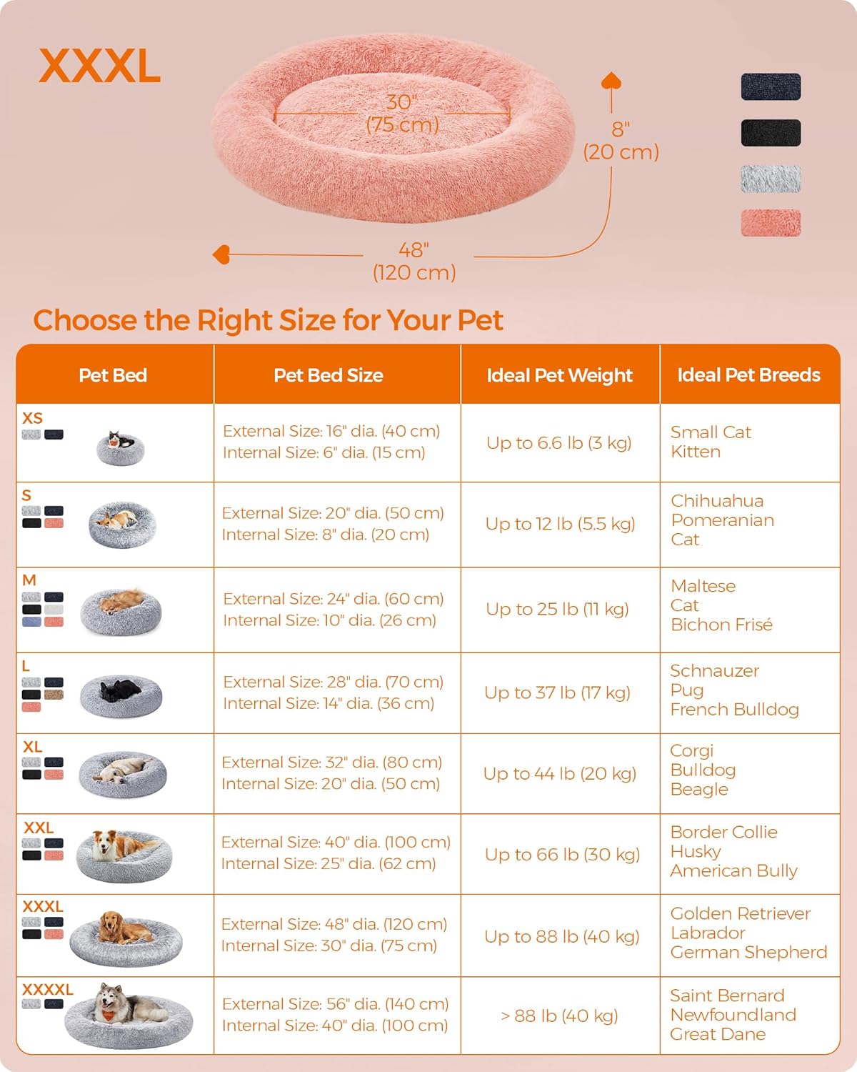 Feandrea Dog Bed, Donut Cat Bed, Fluffy Calming Pet Bed with Removable, Washable Cover, Soft Long Plush, 50 cm, Grey - Comfort Style