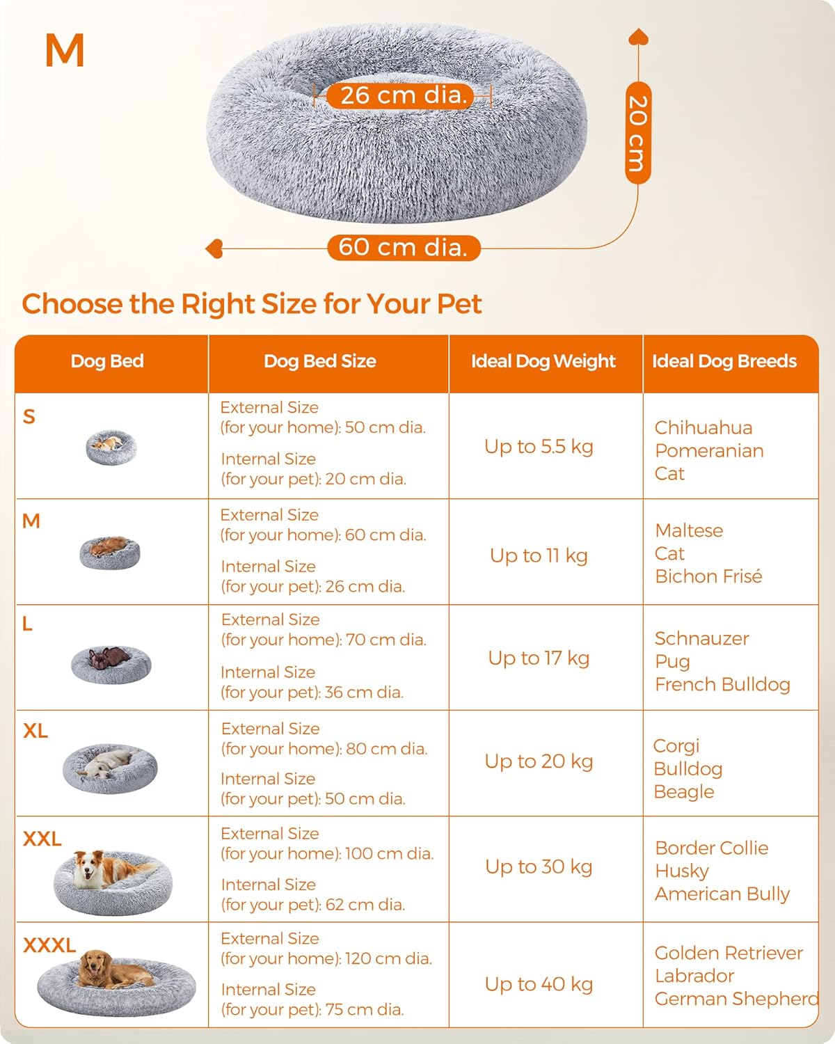 Feandrea Dog Bed, Donut Cat Bed, Fluffy Calming Pet Bed with Removable, Washable Cover, Soft Long Plush, 50 cm, Grey - Comfort Style