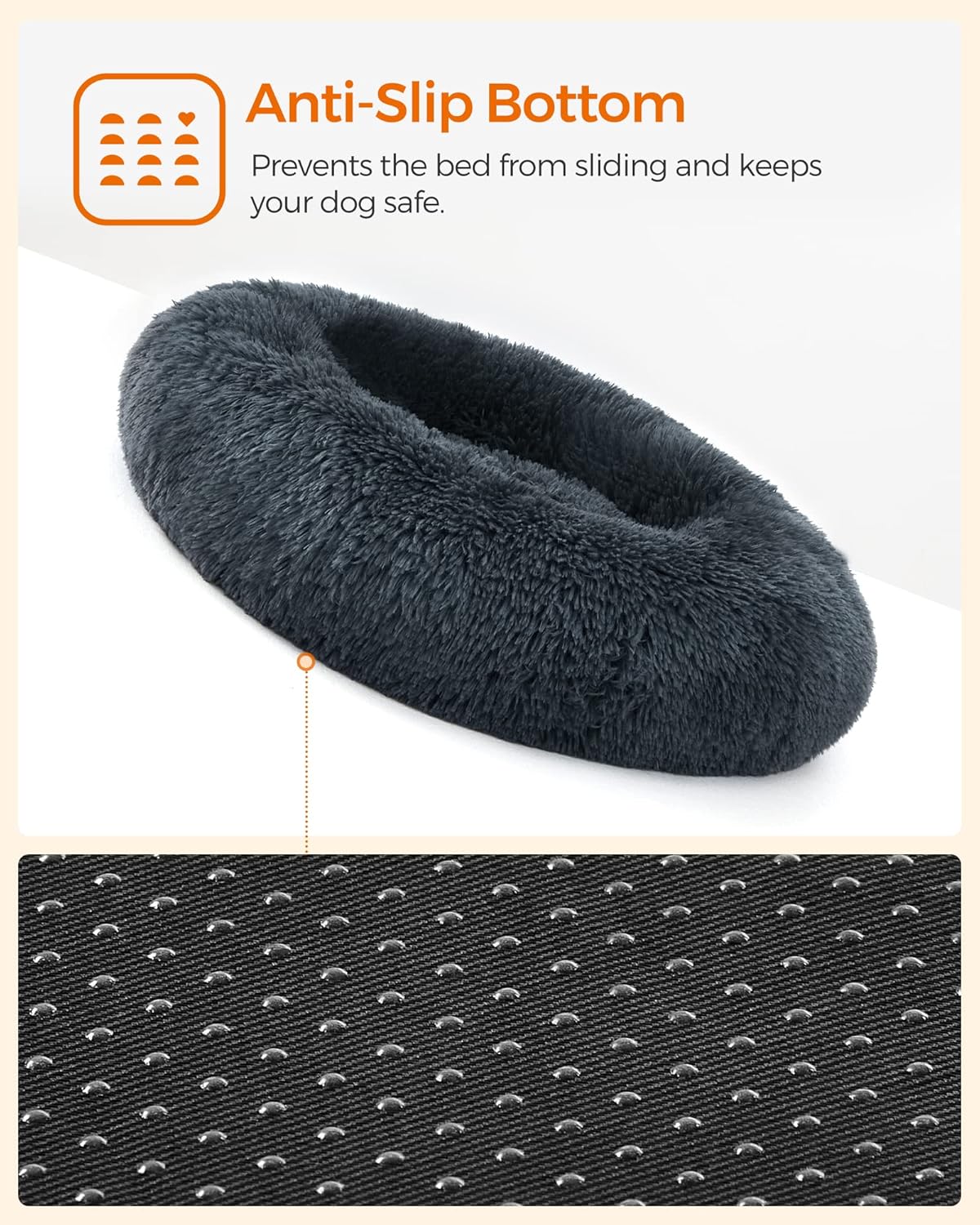 Feandrea Dog Bed, Donut Cat Bed, Fluffy Calming Pet Bed with Removable, Washable Cover, Soft Long Plush, 50 cm, Grey - Comfort Style
