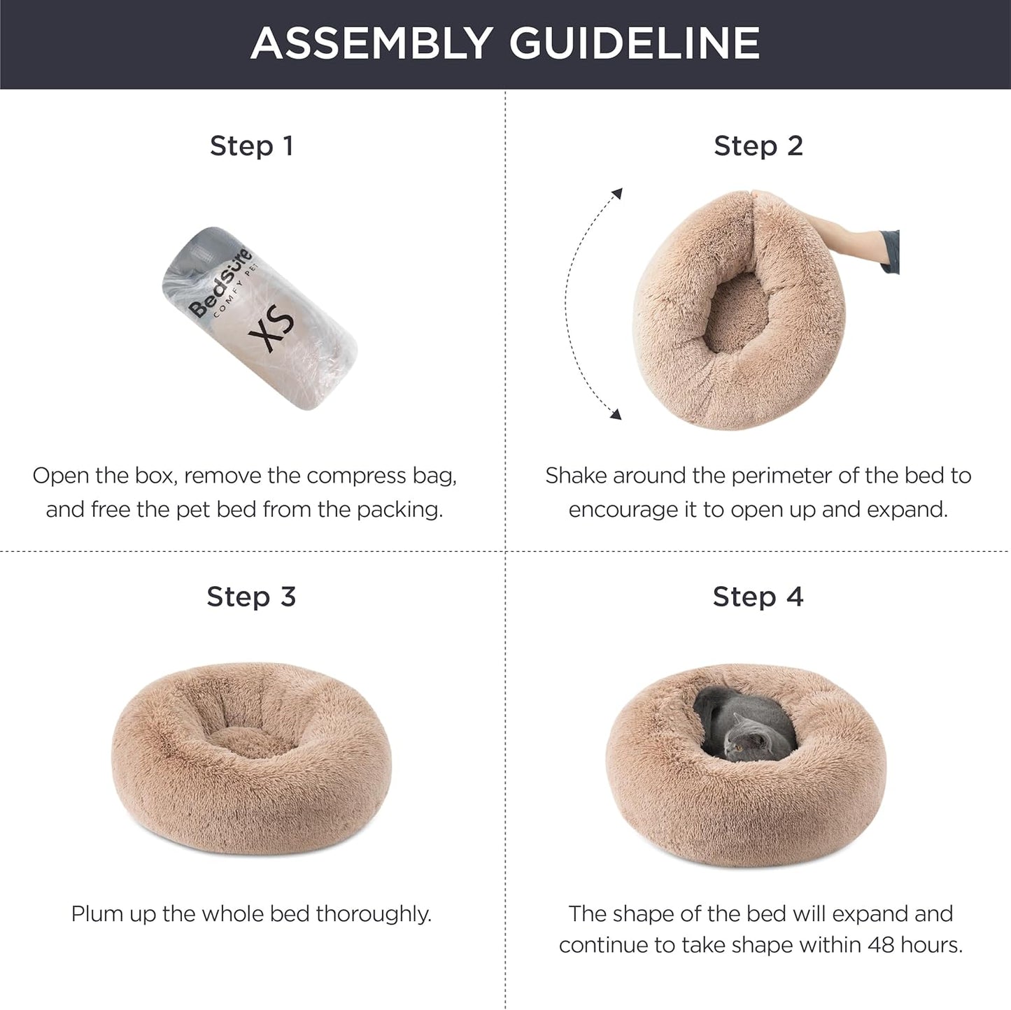 Bedsure Dog Bed Donut Bed - Washable Cat Beds for Indoor Cats Large, Fluffy Calming Kitten Bed for Small Dog and Puppy, Grey, 50x50x16cm - Comfort Style