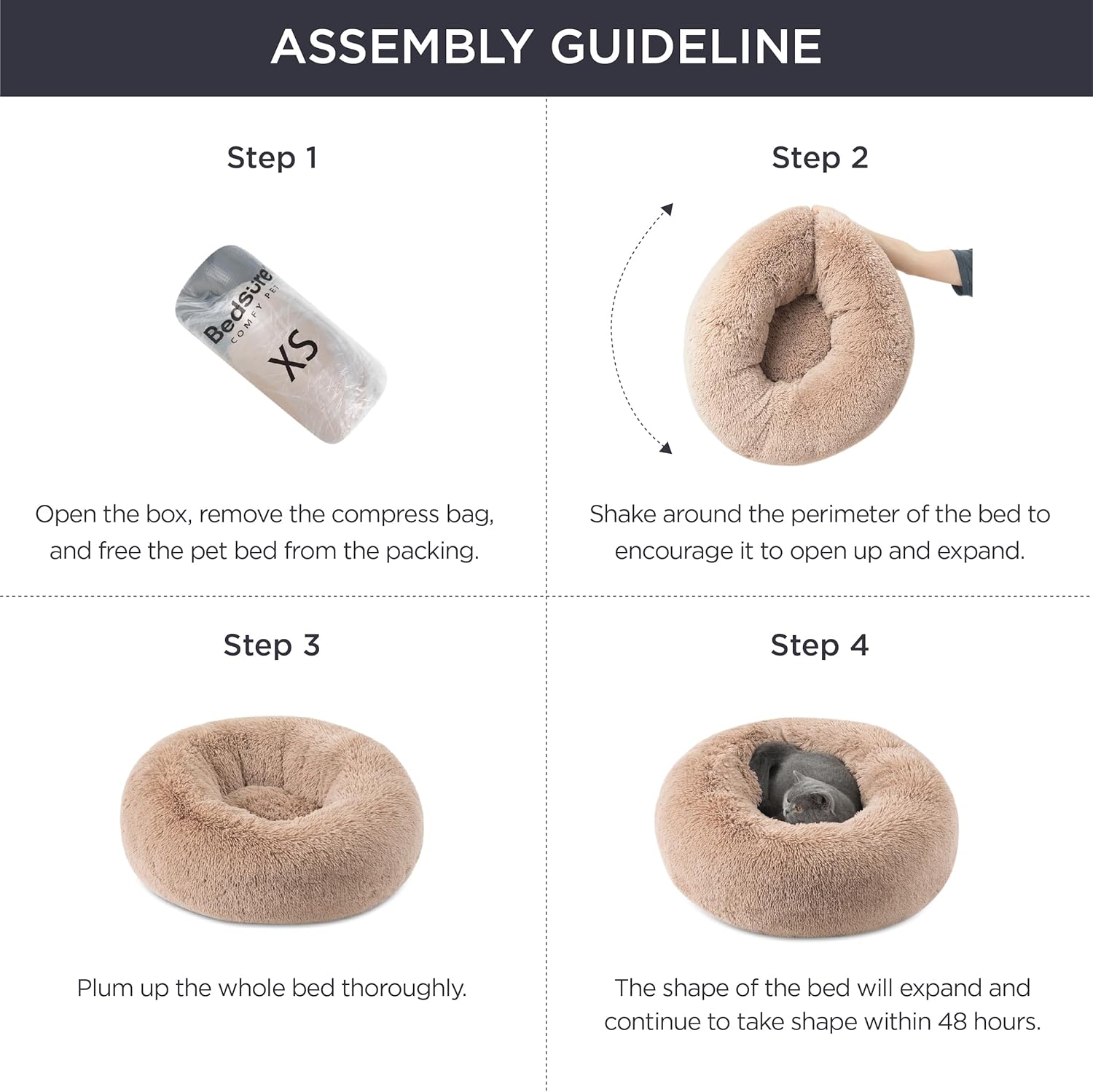 Bedsure Dog Bed Donut Bed - Washable Cat Beds for Indoor Cats Large, Fluffy Calming Kitten Bed for Small Dog and Puppy, Grey, 50x50x16cm - Comfort Style