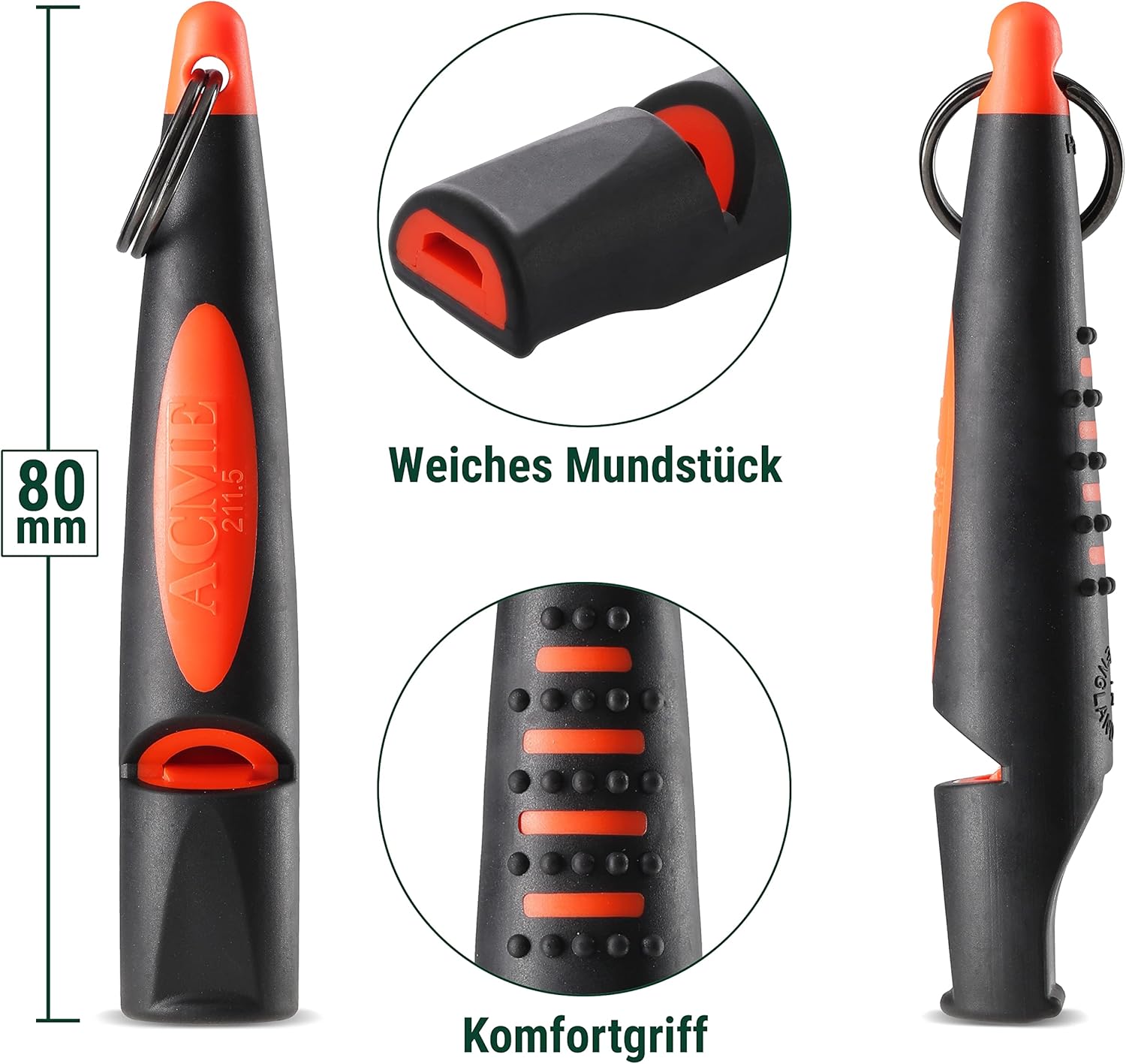 ACME Dog Whistle No. 211.5 (Update 2023) with Free Whistle Band in Matte Black, Alpha, Ideal for Callback, Long Range, Frequency Standardised (Black/DG Orange)