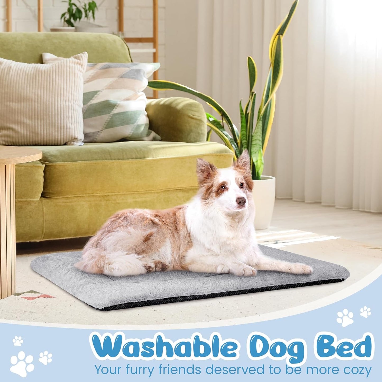 Baodan Washable Dog Bed for Medium Large Dogs Cats, Soft Dog Crate Mattress Mat, Fluffy Comfortable Pet Beds Pad Cushion- XL 106x71 cm, Grey