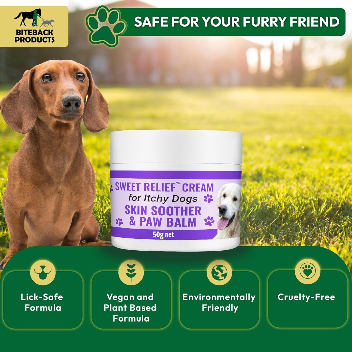 Biteback Products - Soothing Dog Paw Balm, Antiseptic Cream for Dogs, Itchy Dog Skin Relief - Ideal for On-the-Go Pet Care, Soothes Paws and Skin, Compact Pocket Sized Pot Dog Skin Cream - 50g