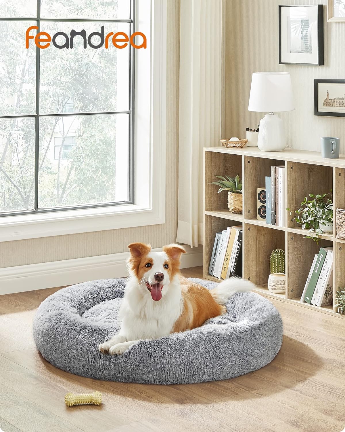 Feandrea Dog Bed, Donut Cat Bed, Fluffy Calming Pet Bed with Removable, Washable Cover, Soft Long Plush, 50 cm, Grey - Comfort Style