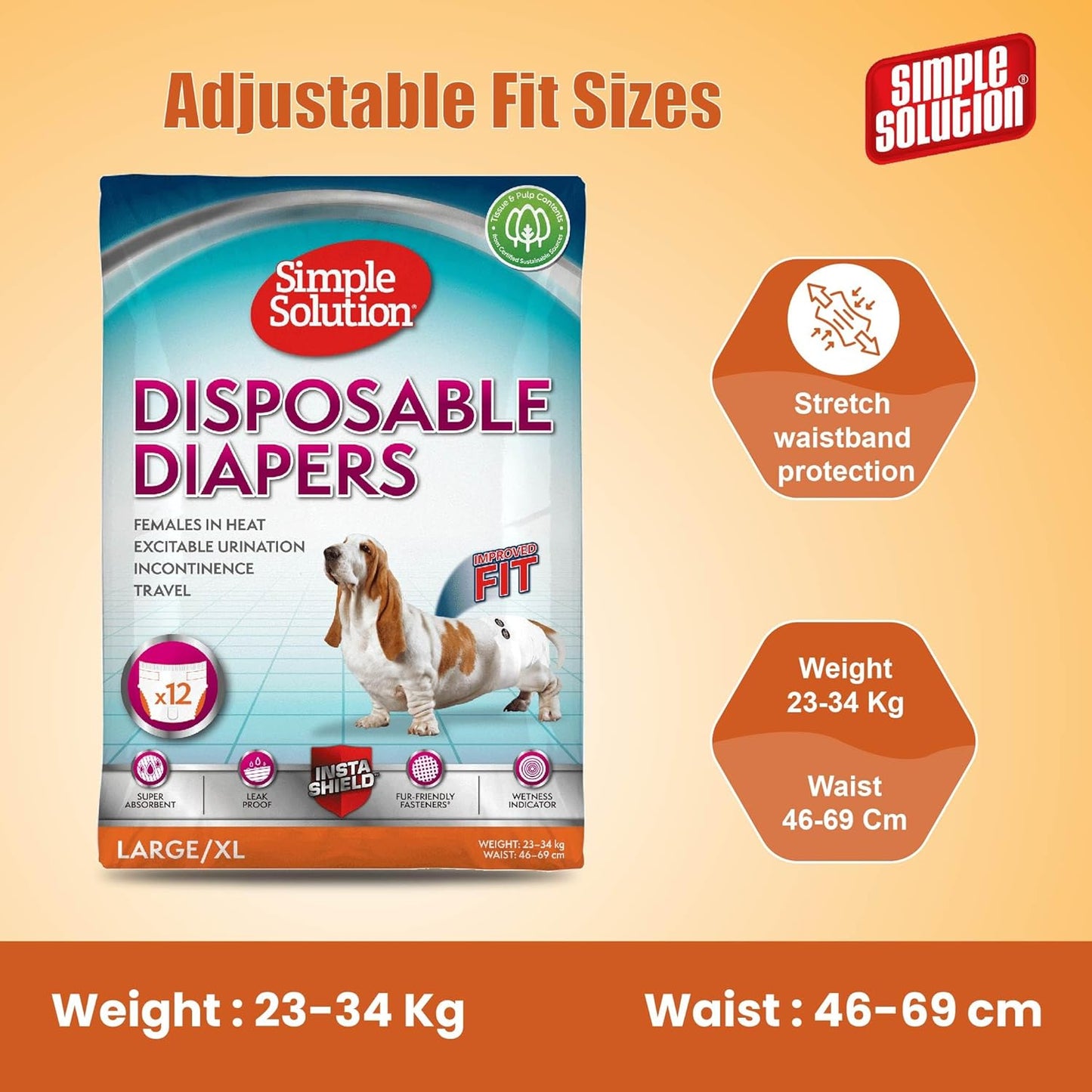 Simple Solution Disposable Dog Diapers for Female Dogs, Super Absorbent Leak-Proof Fit with Wetness Indicator for Excitable Urination, Incontinence or females in heat - 12 pack