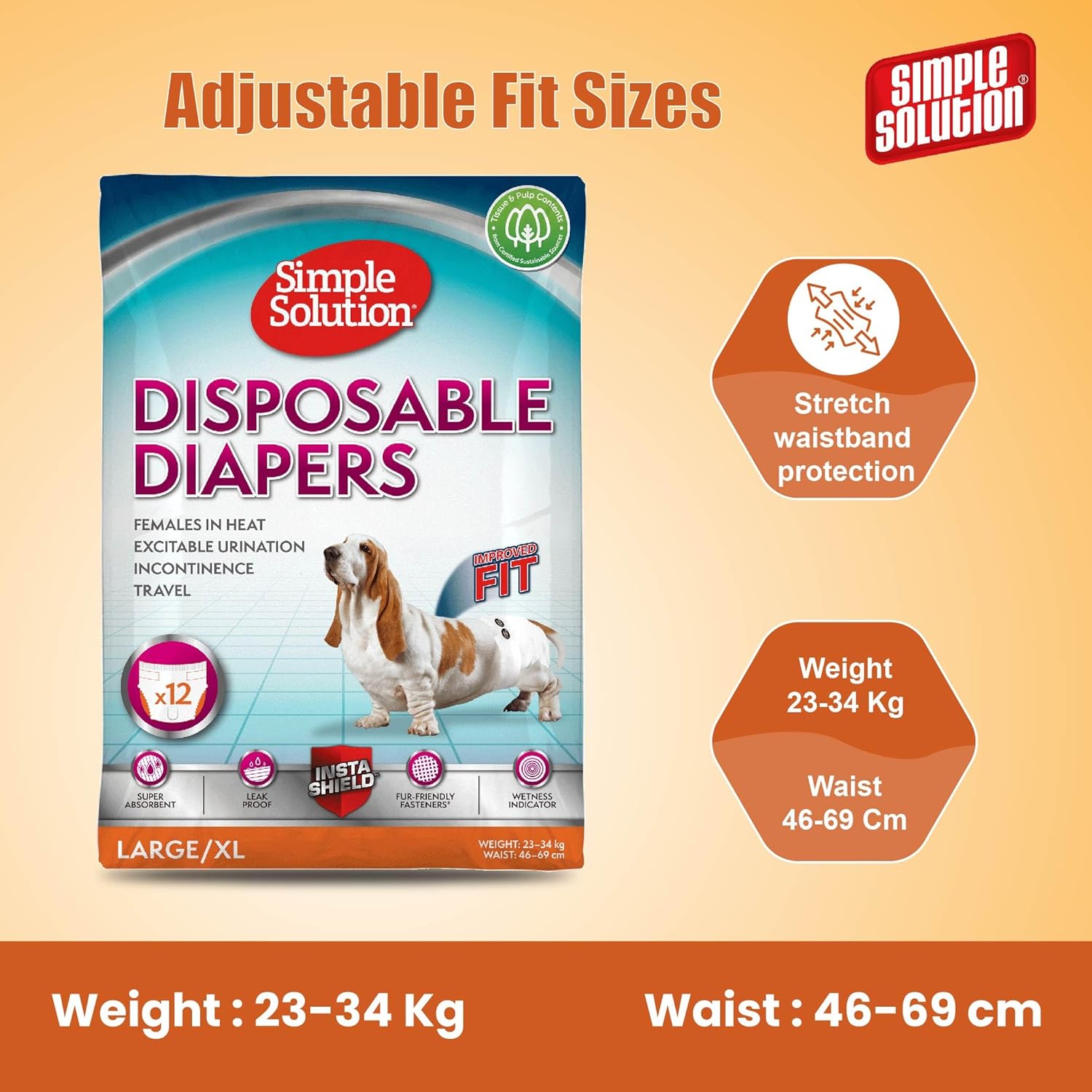 Simple Solution Disposable Dog Diapers for Female Dogs, Super Absorbent Leak-Proof Fit with Wetness Indicator for Excitable Urination, Incontinence or females in heat - 12 pack