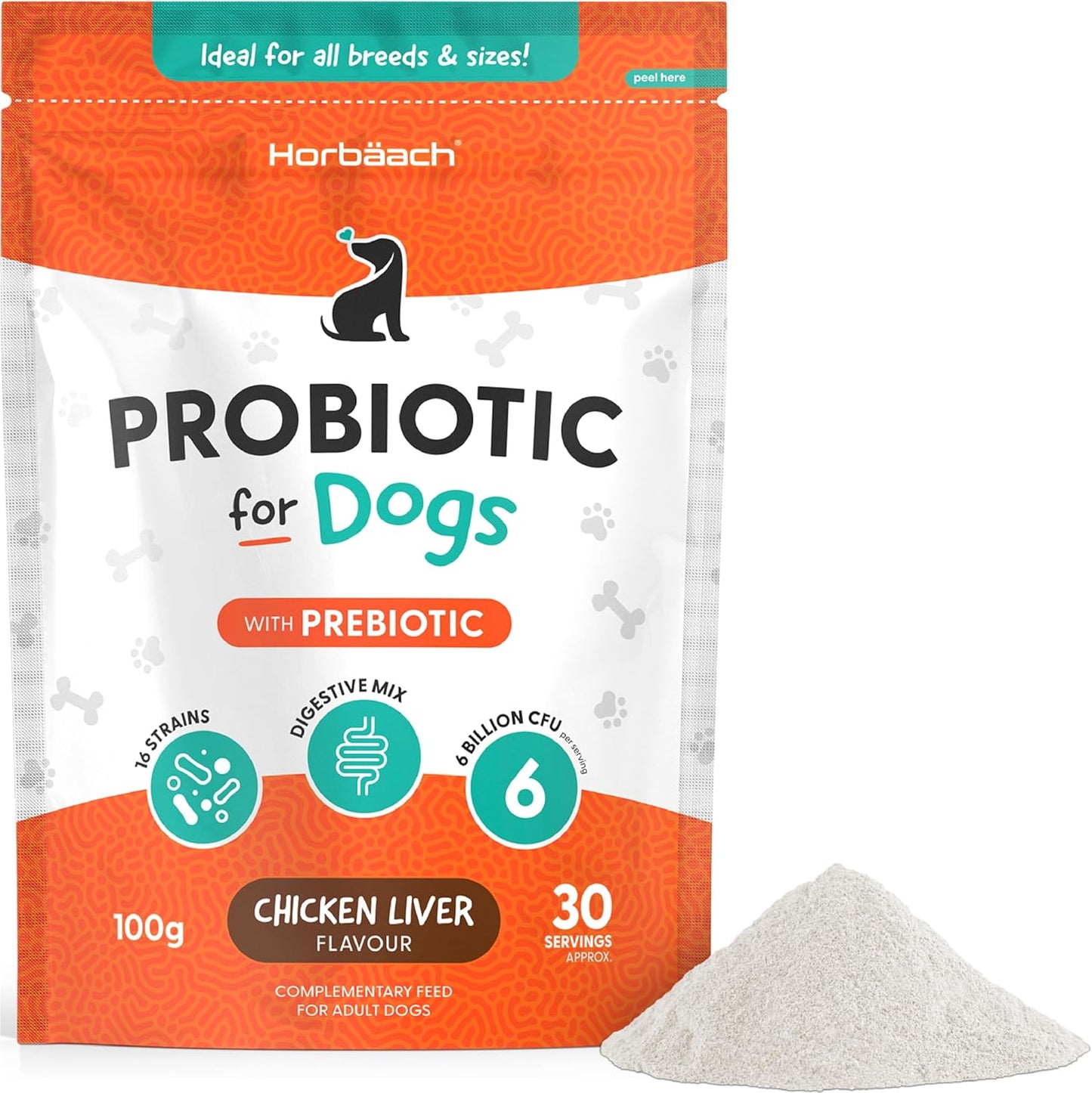 Dog ProBio Powder with Prebiotic for Gut Health | Chicken Liver Flavour | Digestive Health Mix with 6 Billion CFU | 100g | by Horbaach