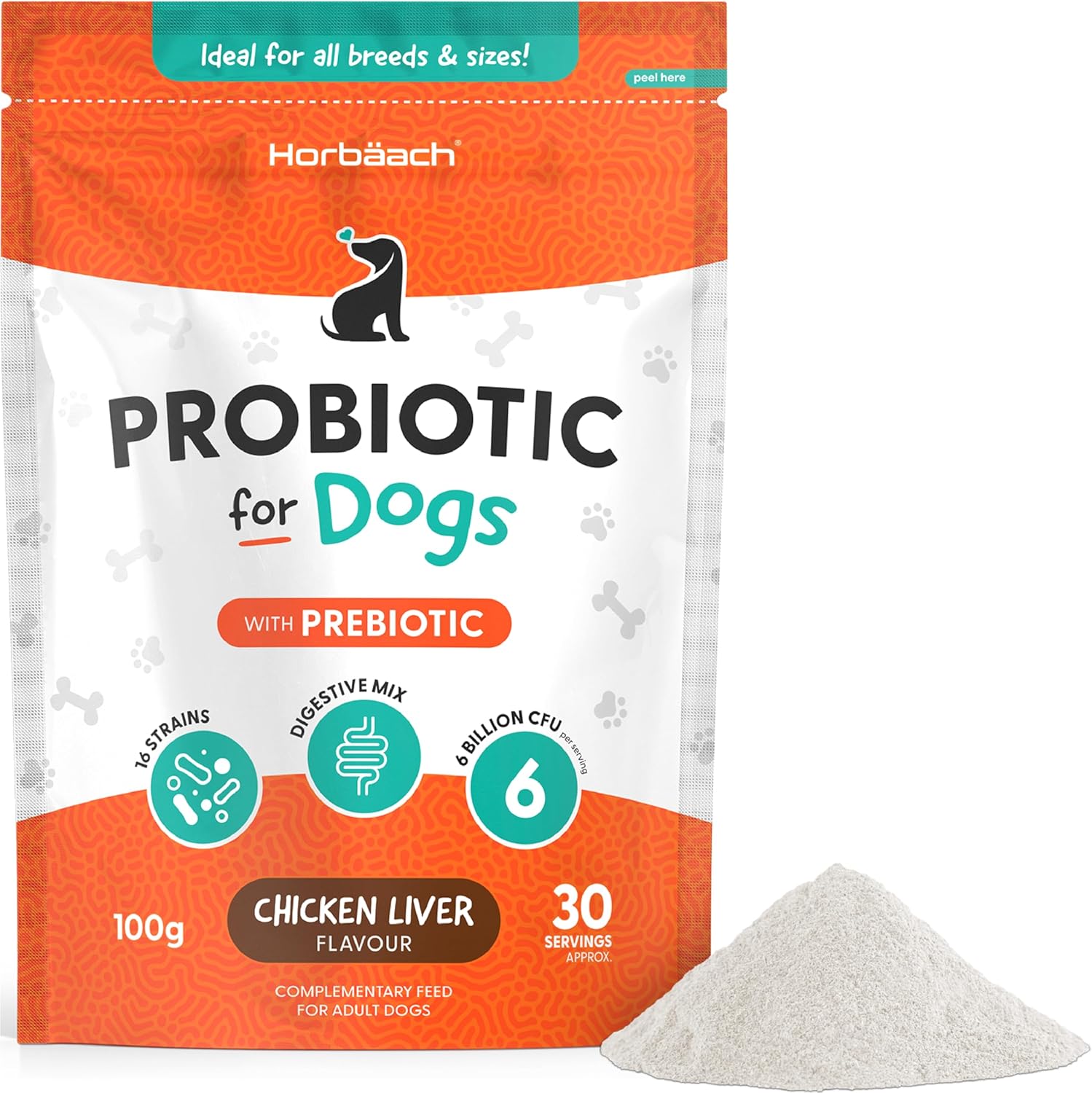 Dog ProBio Powder with Prebiotic for Gut Health | Chicken Liver Flavour | Digestive Health Mix with 6 Billion CFU | 100g | by Horbaach