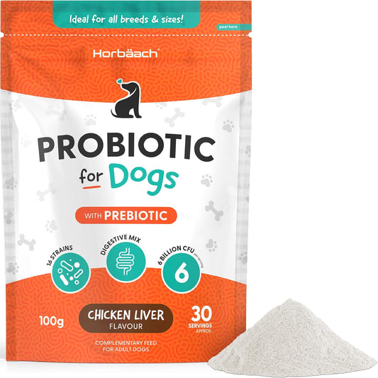 Dog ProBio Powder with Prebiotic for Gut Health | Chicken Liver Flavour | Digestive Health Mix with 6 Billion CFU | 100g | by Horbaach