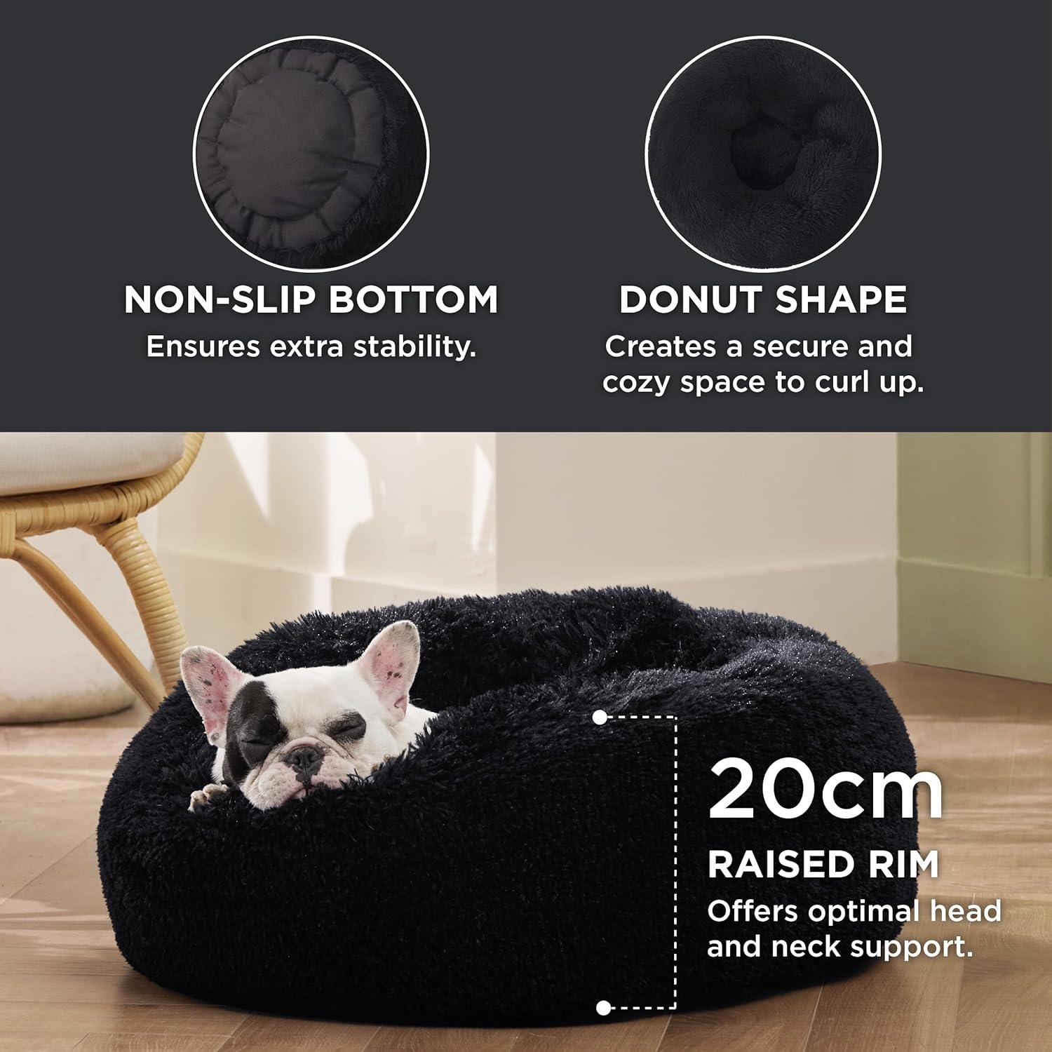 Bedsure Dog Bed Donut Bed - Washable Cat Beds for Indoor Cats Large, Fluffy Calming Kitten Bed for Small Dog and Puppy, Grey, 50x50x16cm - Comfort Style