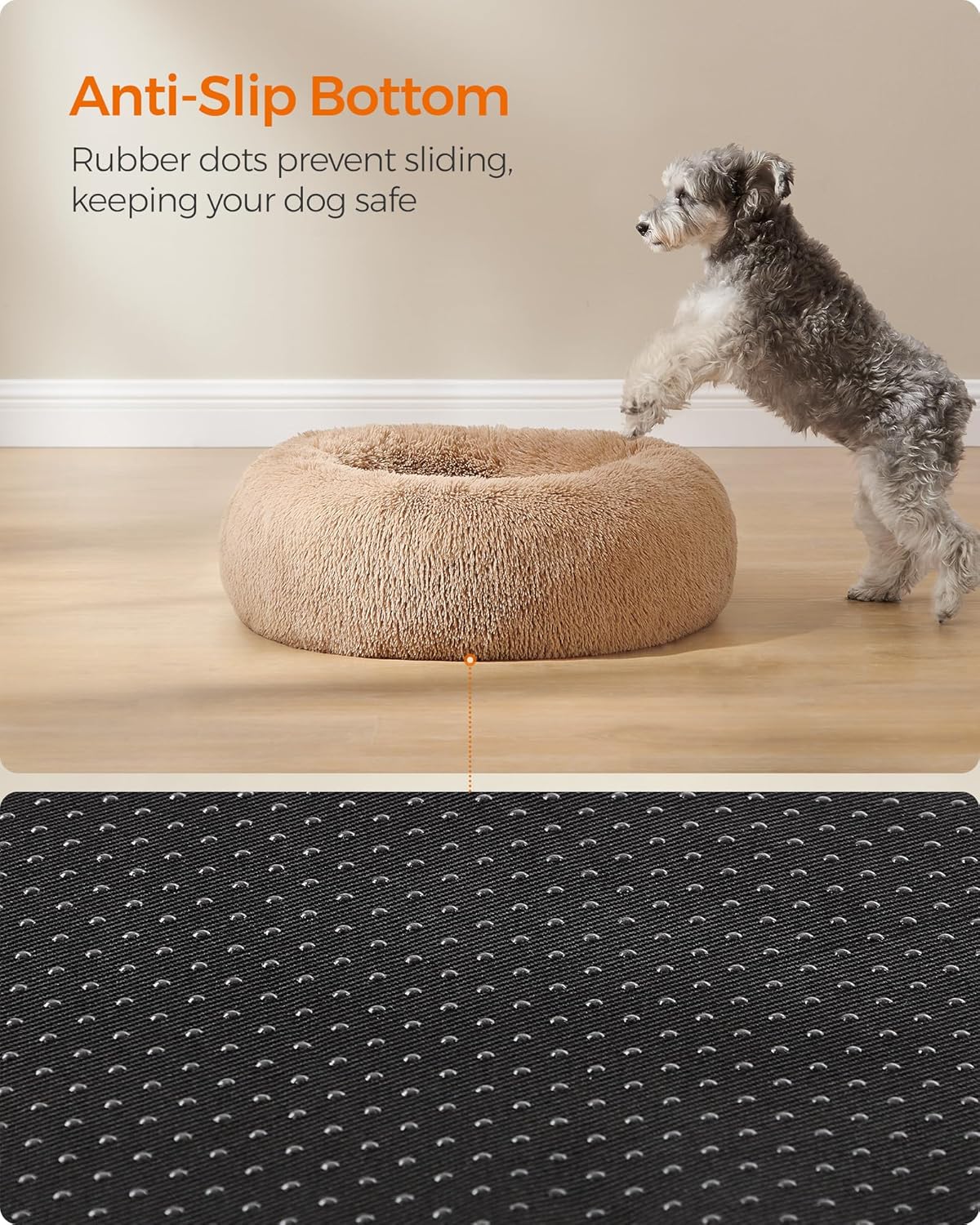 Feandrea Dog Bed, Donut Cat Bed, Fluffy Calming Pet Bed with Removable, Washable Cover, Soft Long Plush, 50 cm, Grey - Comfort Style
