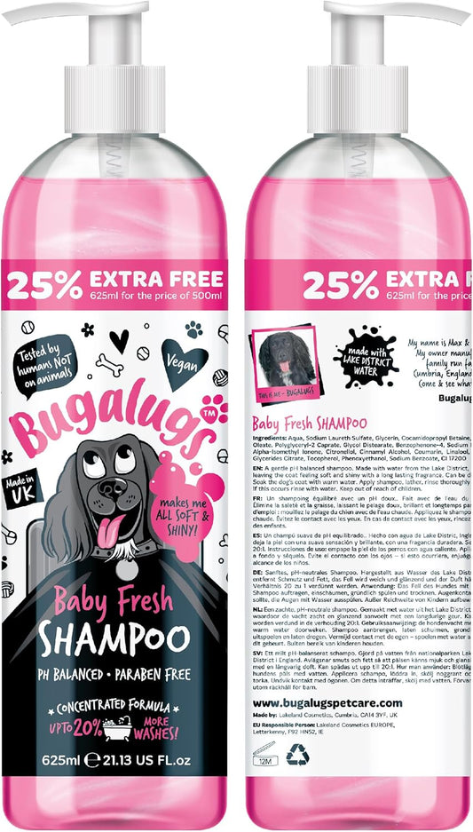 BUGALUGS Baby Fresh Dog Shampoo dog grooming shampoo products for smelly dogs with baby powder scent, best puppy shampoo baby fresh, shampoo conditioner, Vegan pet shampoo professional (625ml) - Comfort Style