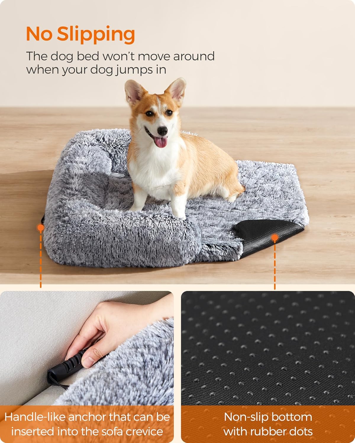 Feandrea FluffyHug Dog Sofa Bed, Dog Sofa Cover, Calming Dog Bed, L, for Medium Dogs, 95 x 85 x 16 cm, Grey Ombré PGW222G01