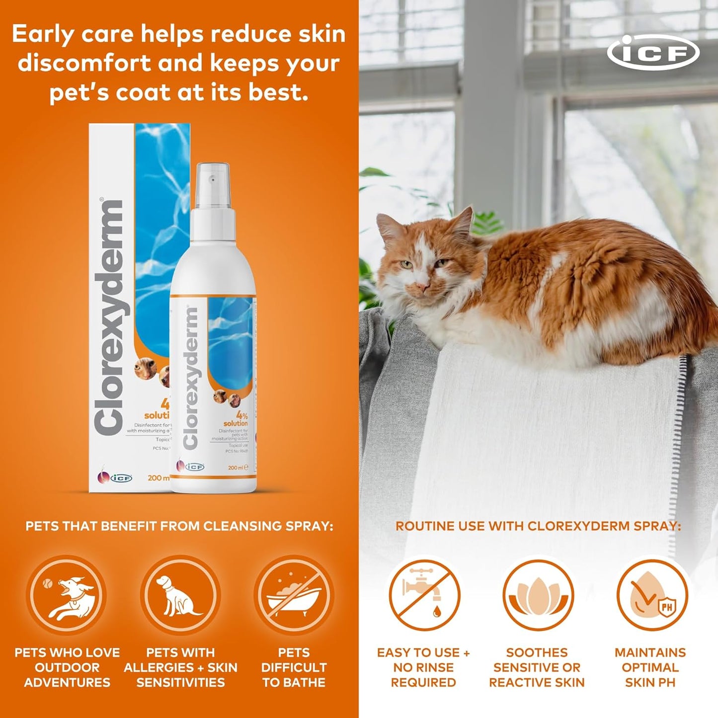 ICF Clorexyderm® 4% Antiseptic Spray for Dogs & Cats - Antibacterial & Antifungal Care for Itchy Skin Relief - 200 ml