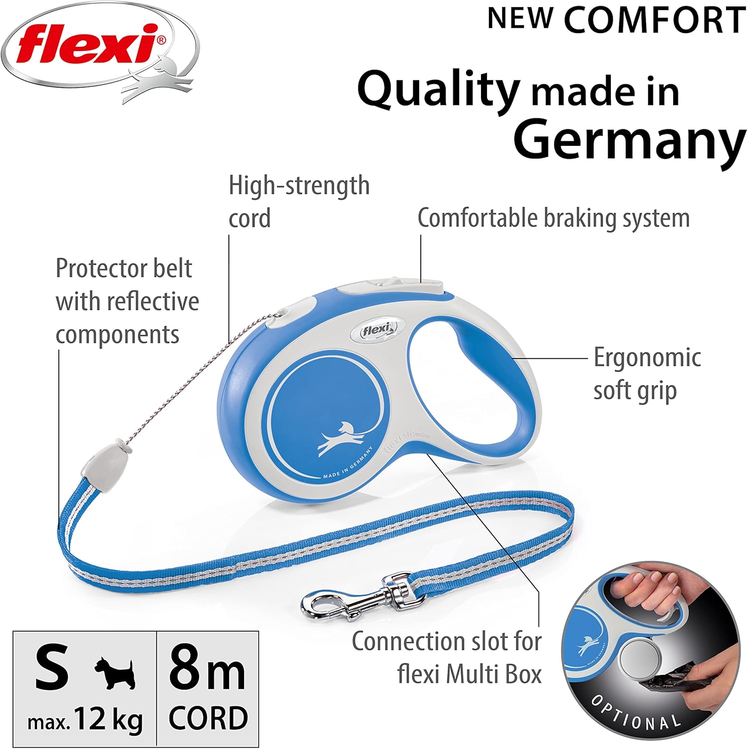 Flexi New Classic Tape Blue Large 8m Retractable Dog Leash/Lead for dogs up to 50kg/110lbs - Comfort Style