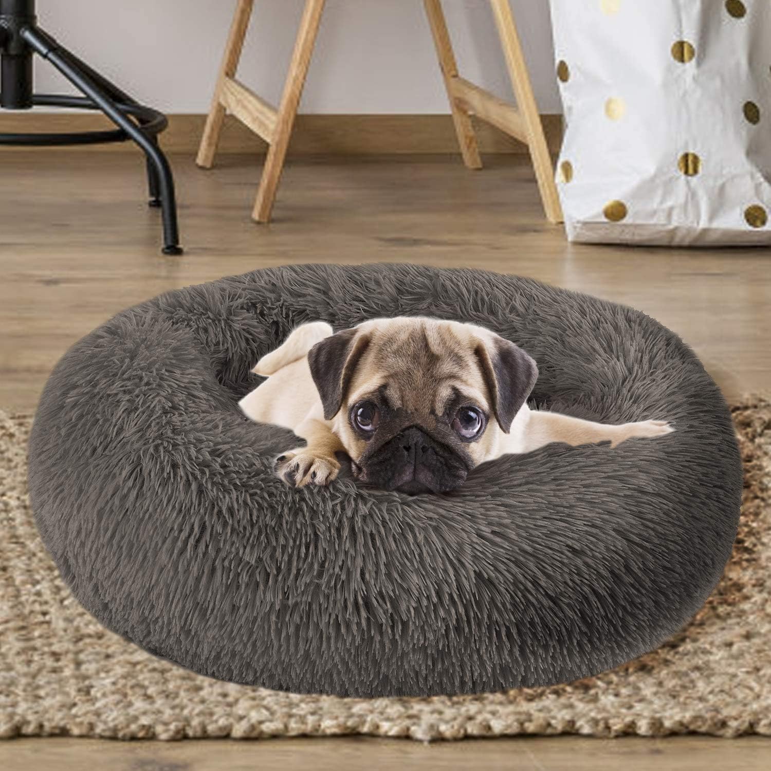 MFOX Calming Dog Bed Cat Bed Donut, Faux Fur Donut Cuddler Washable Self-Warming Pet Bed, Large Round Plush Dog Bed for Small/Medium/Large Dogs(60cm/80cm/90cm/110cm) - Comfort Style
