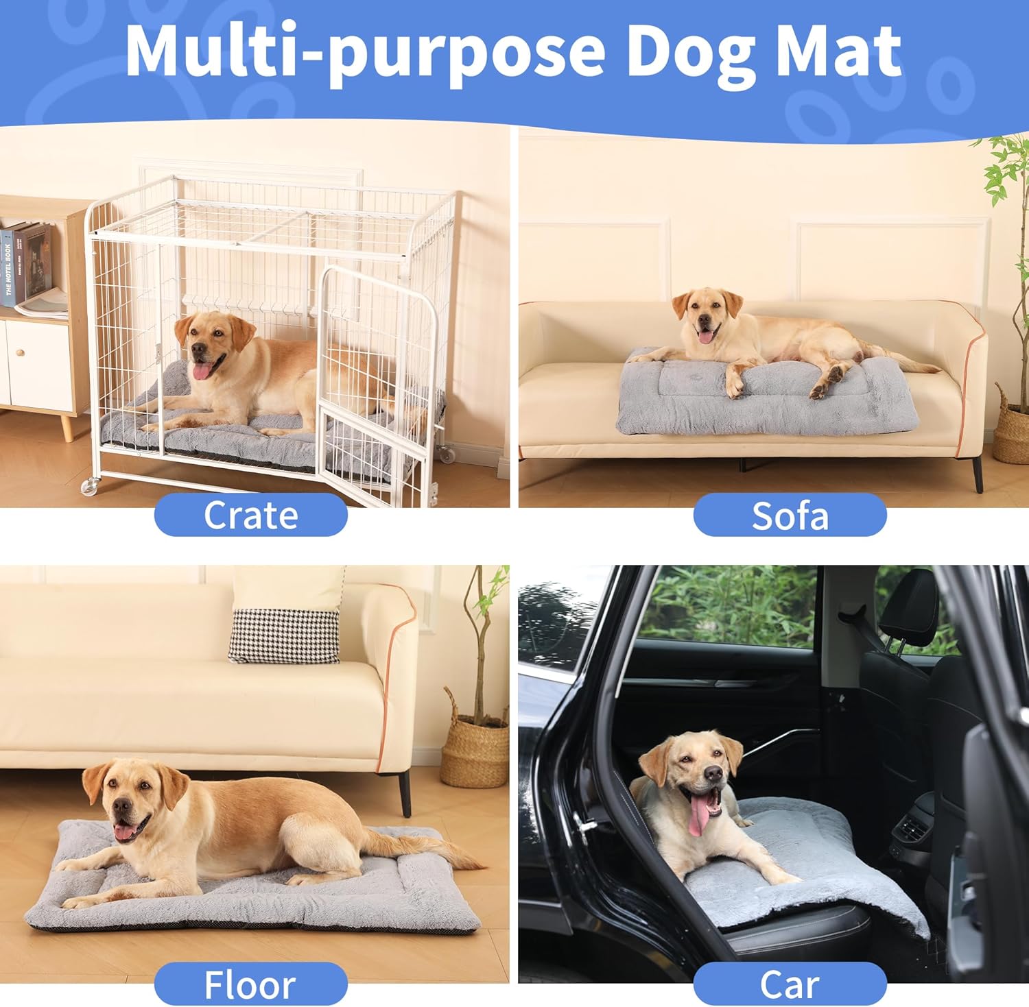Baodan Washable Dog Bed for Medium Large Dogs Cats, Soft Dog Crate Mattress Mat, Fluffy Comfortable Pet Beds Pad Cushion- XL 106x71 cm, Grey