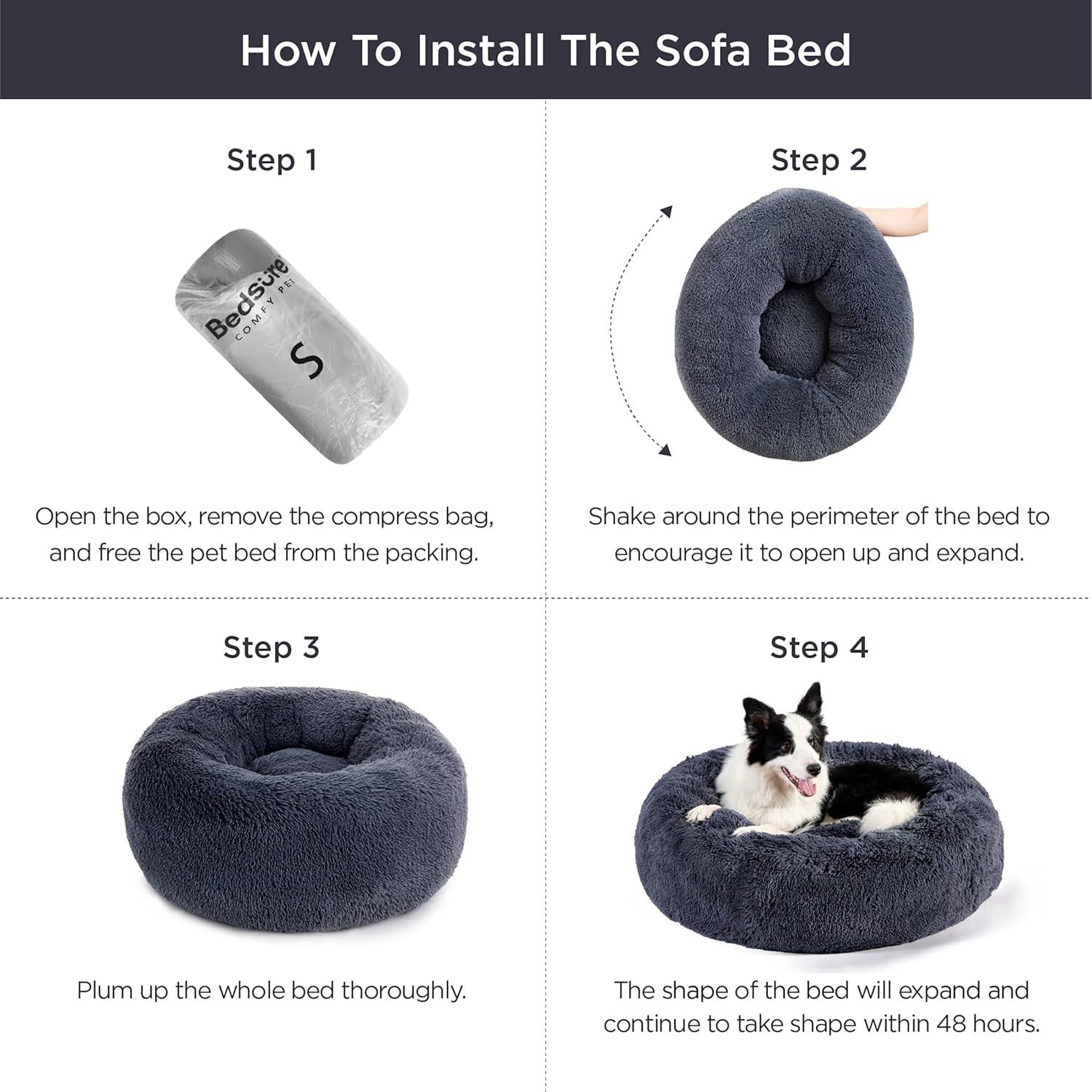 Bedsure Dog Bed Donut Bed - Washable Cat Beds for Indoor Cats Large, Fluffy Calming Kitten Bed for Small Dog and Puppy, Grey, 50x50x16cm - Comfort Style