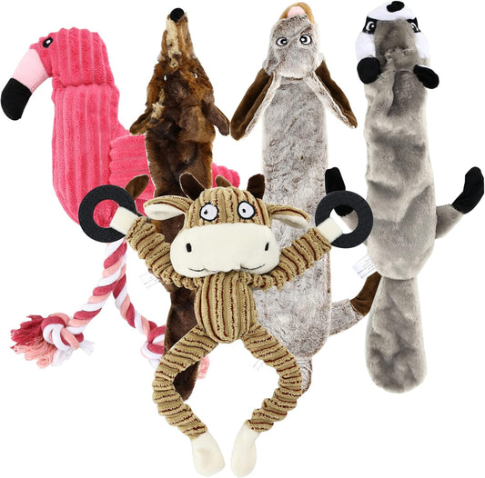 Nature’s Buddy Plush Dog Toys - Squeaky, cuddly soft chew bundle - 5 pack set - durable, interactive toys for puppy and small dogs - variety with 3 no stuffing animals - Comfort Style