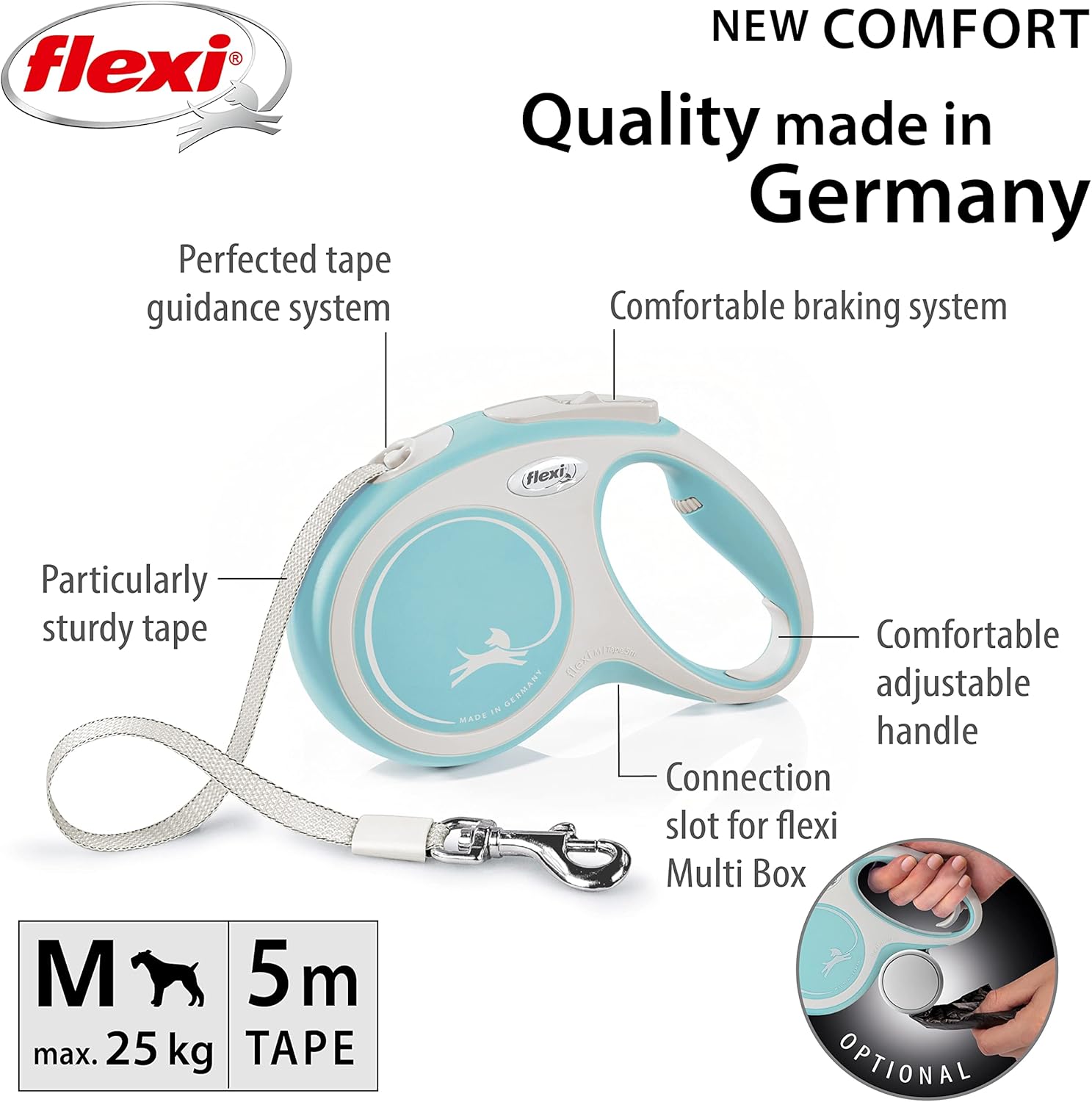 Flexi New Classic Tape Blue Large 8m Retractable Dog Leash/Lead for dogs up to 50kg/110lbs - Comfort Style