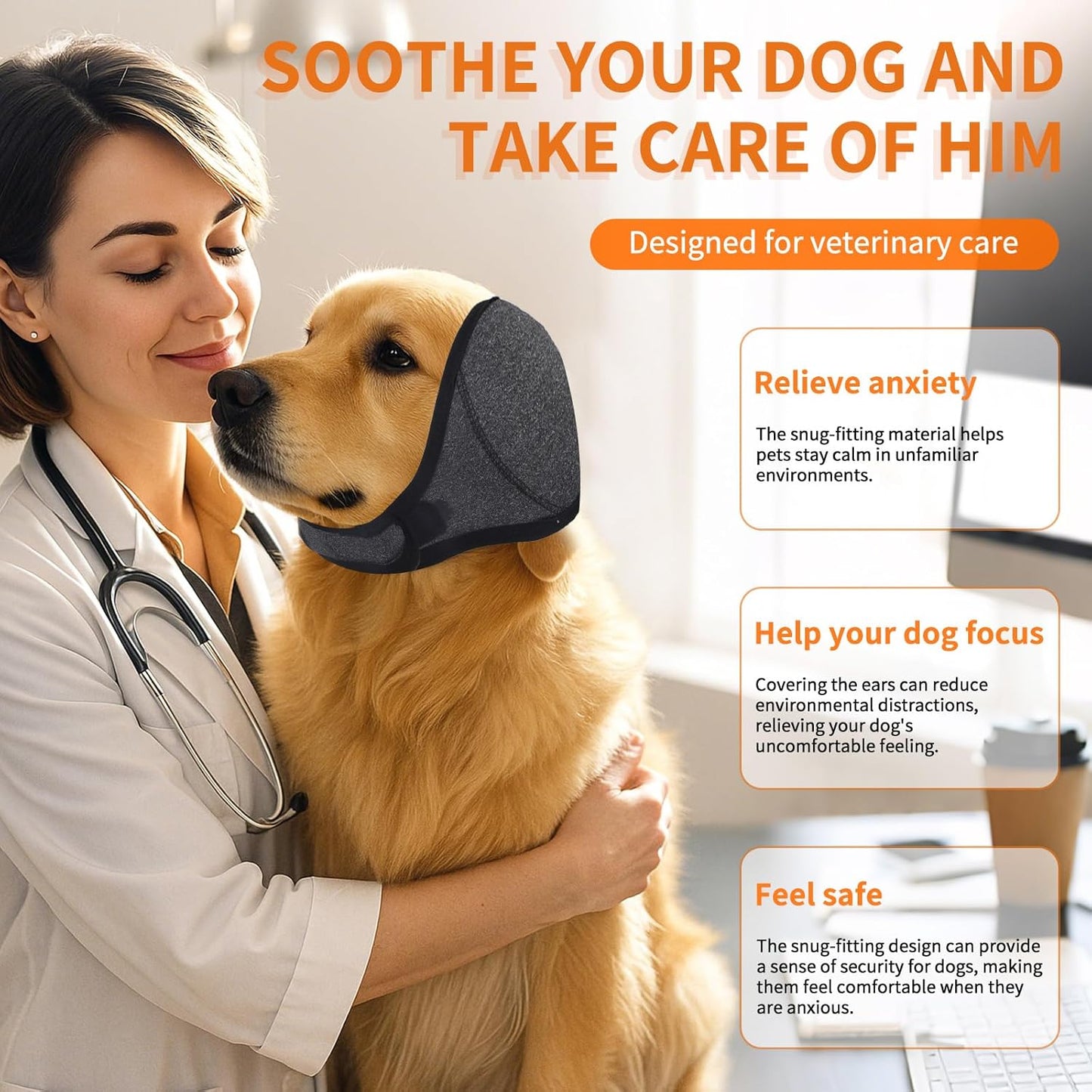 BOXOB Dog Ears Cover, Adjustable Dog Ear Muffs Noise Protection Comfortable Quiet Dogs Calming Hood Ear Head Wrap Cups Shower Cap Pet Supplies for Bath Grooming Thunder Fireworks (S)