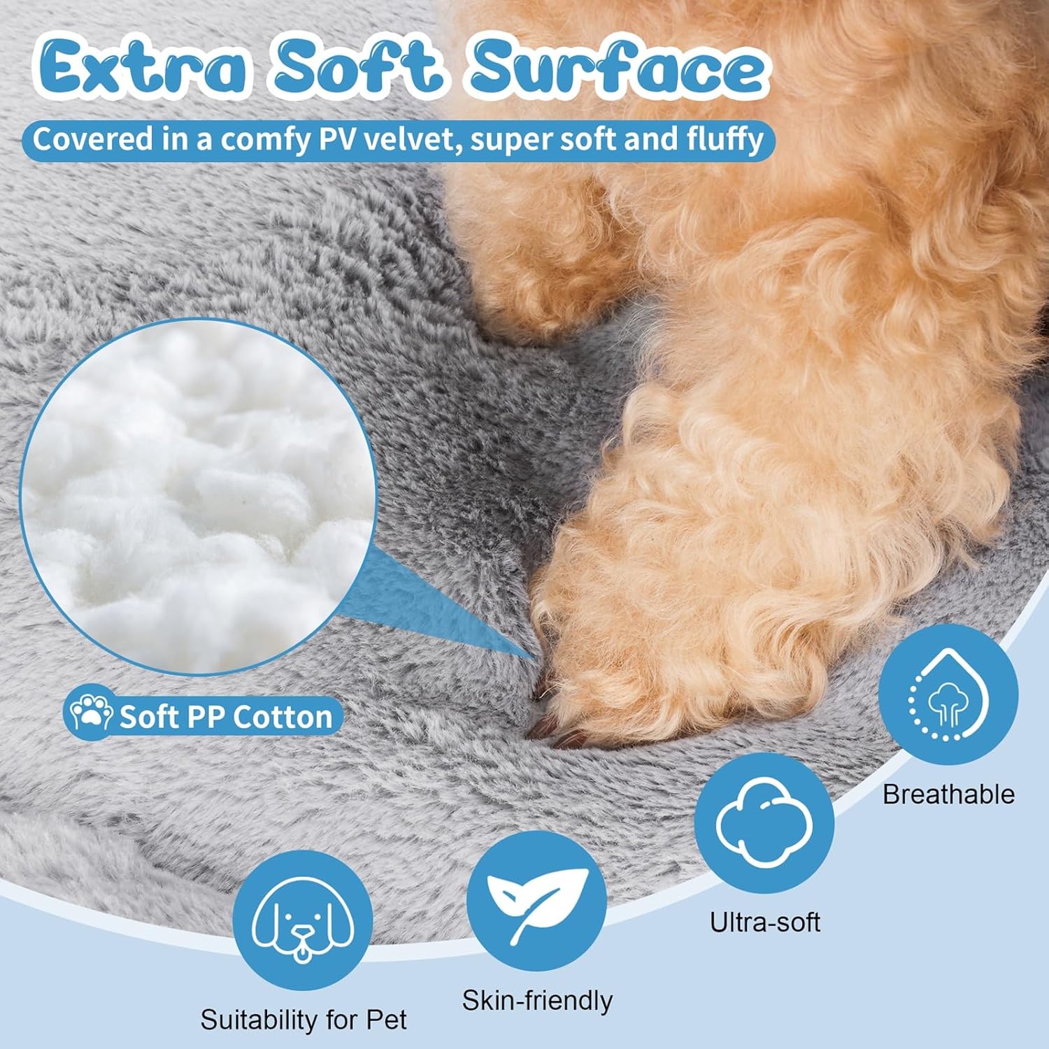Baodan Washable Dog Bed for Medium Large Dogs Cats, Soft Dog Crate Mattress Mat, Fluffy Comfortable Pet Beds Pad Cushion- XL 106x71 cm, Grey