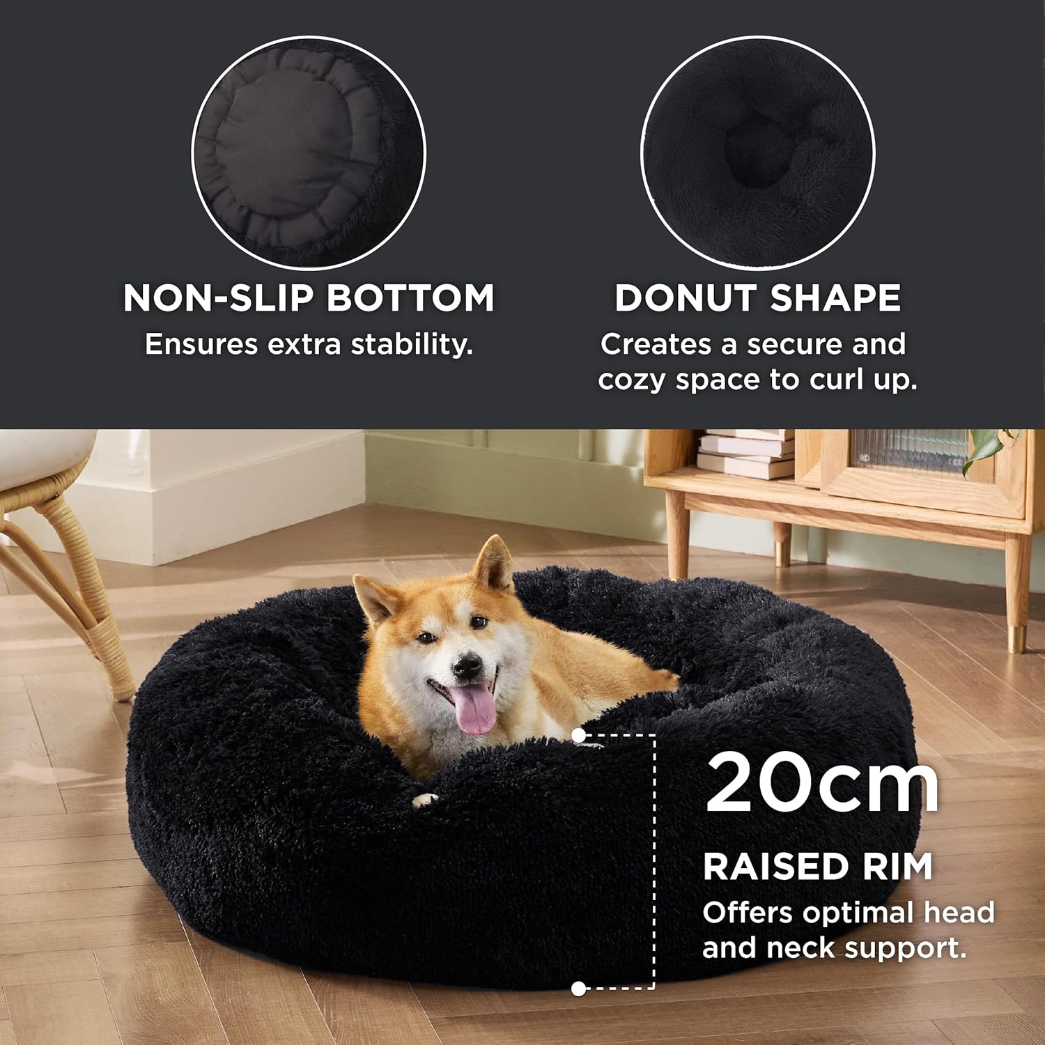 Bedsure Dog Bed Donut Bed - Washable Cat Beds for Indoor Cats Large, Fluffy Calming Kitten Bed for Small Dog and Puppy, Grey, 50x50x16cm - Comfort Style