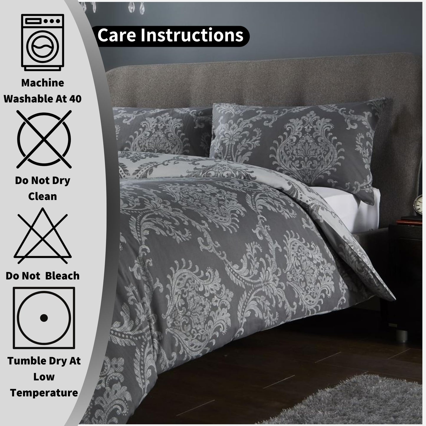 Olivia Rocco Royal Damask Duvet Cover Set Easy Care Quilt Covers With Pillowcases Cotton Rich Reversible Bedding Bed Linen Sets - Comfort Style