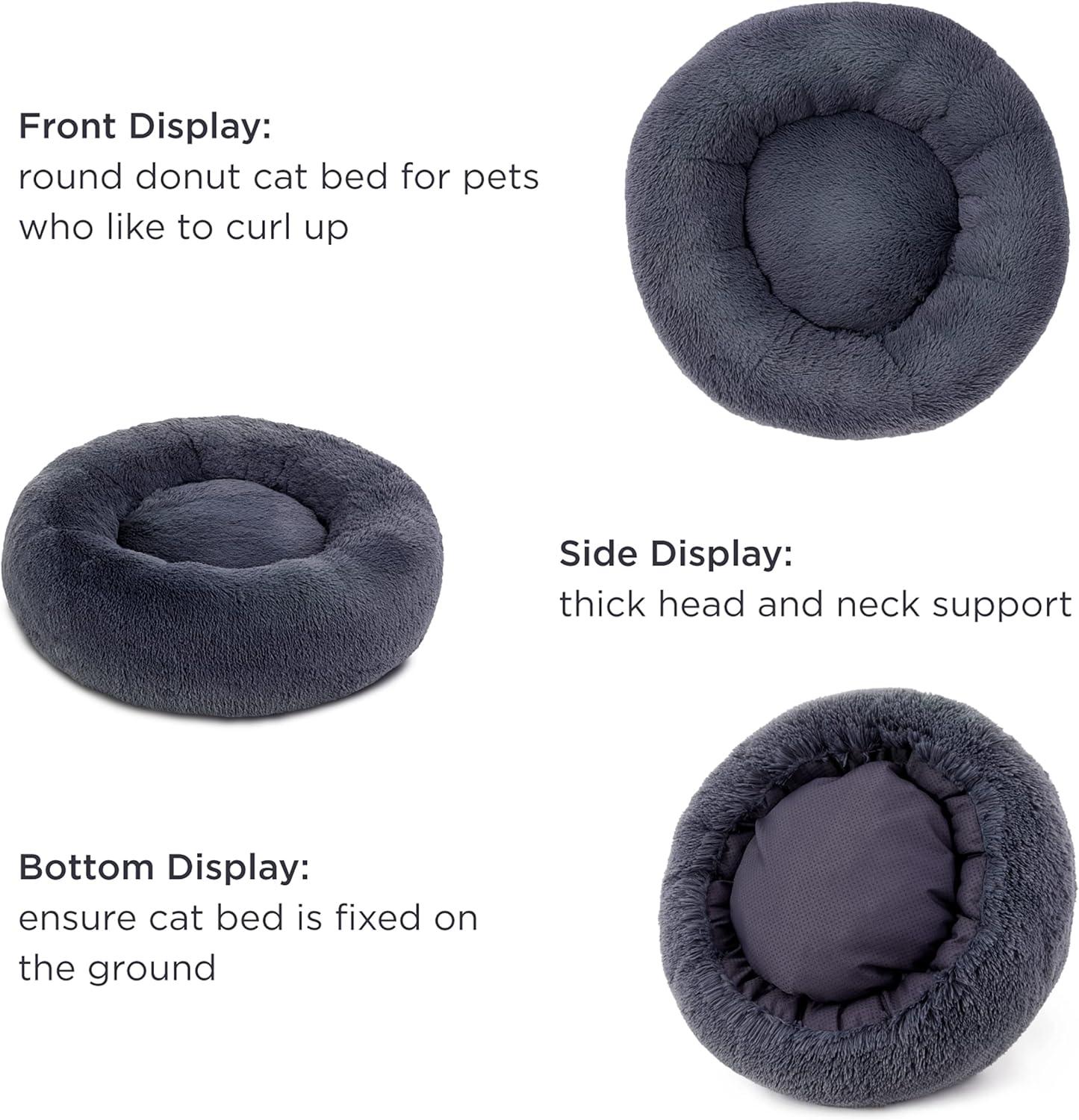 Bedsure Dog Bed Donut Bed - Washable Cat Beds for Indoor Cats Large, Fluffy Calming Kitten Bed for Small Dog and Puppy, Grey, 50x50x16cm - Comfort Style