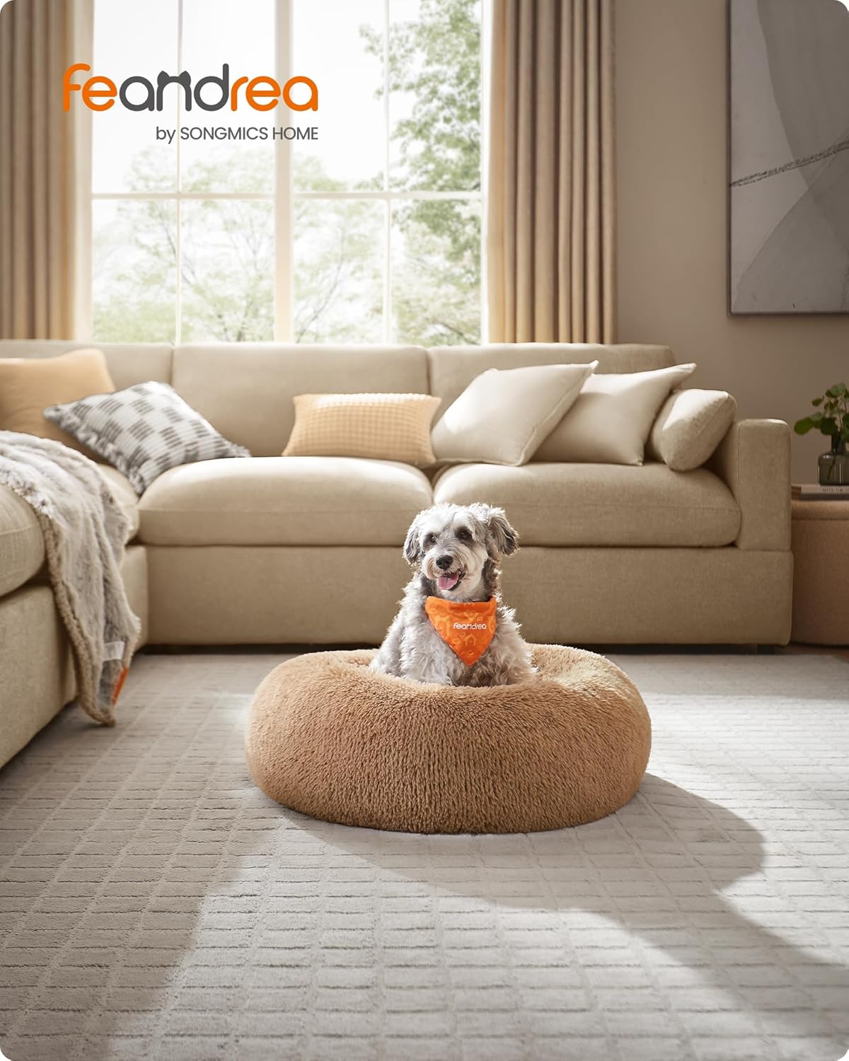 Feandrea Dog Bed, Donut Cat Bed, Fluffy Calming Pet Bed with Removable, Washable Cover, Soft Long Plush, 50 cm, Grey - Comfort Style