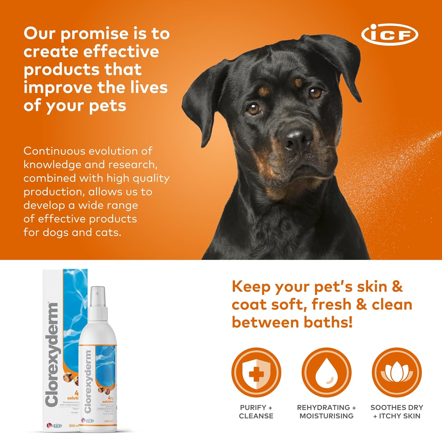 ICF Clorexyderm® 4% Antiseptic Spray for Dogs & Cats - Antibacterial & Antifungal Care for Itchy Skin Relief - 200 ml