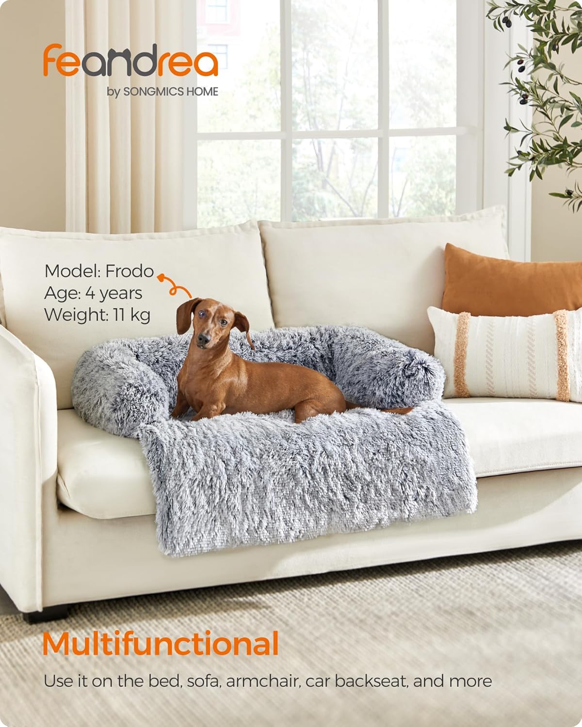 Feandrea FluffyHug Dog Sofa Bed, Dog Sofa Cover, Calming Dog Bed, L, for Medium Dogs, 95 x 85 x 16 cm, Grey Ombré PGW222G01