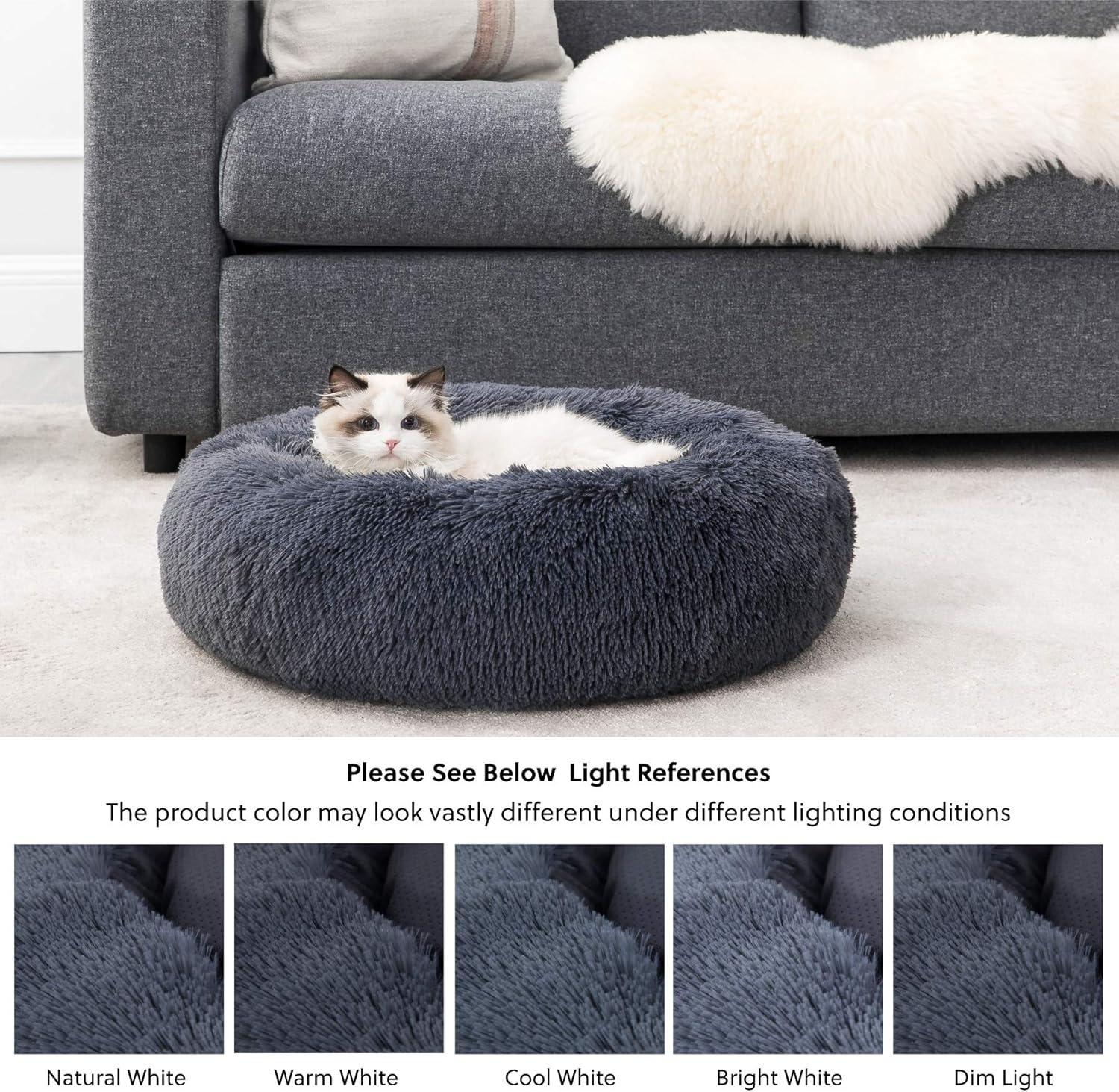 Bedsure Dog Bed Donut Bed - Washable Cat Beds for Indoor Cats Large, Fluffy Calming Kitten Bed for Small Dog and Puppy, Grey, 50x50x16cm - Comfort Style