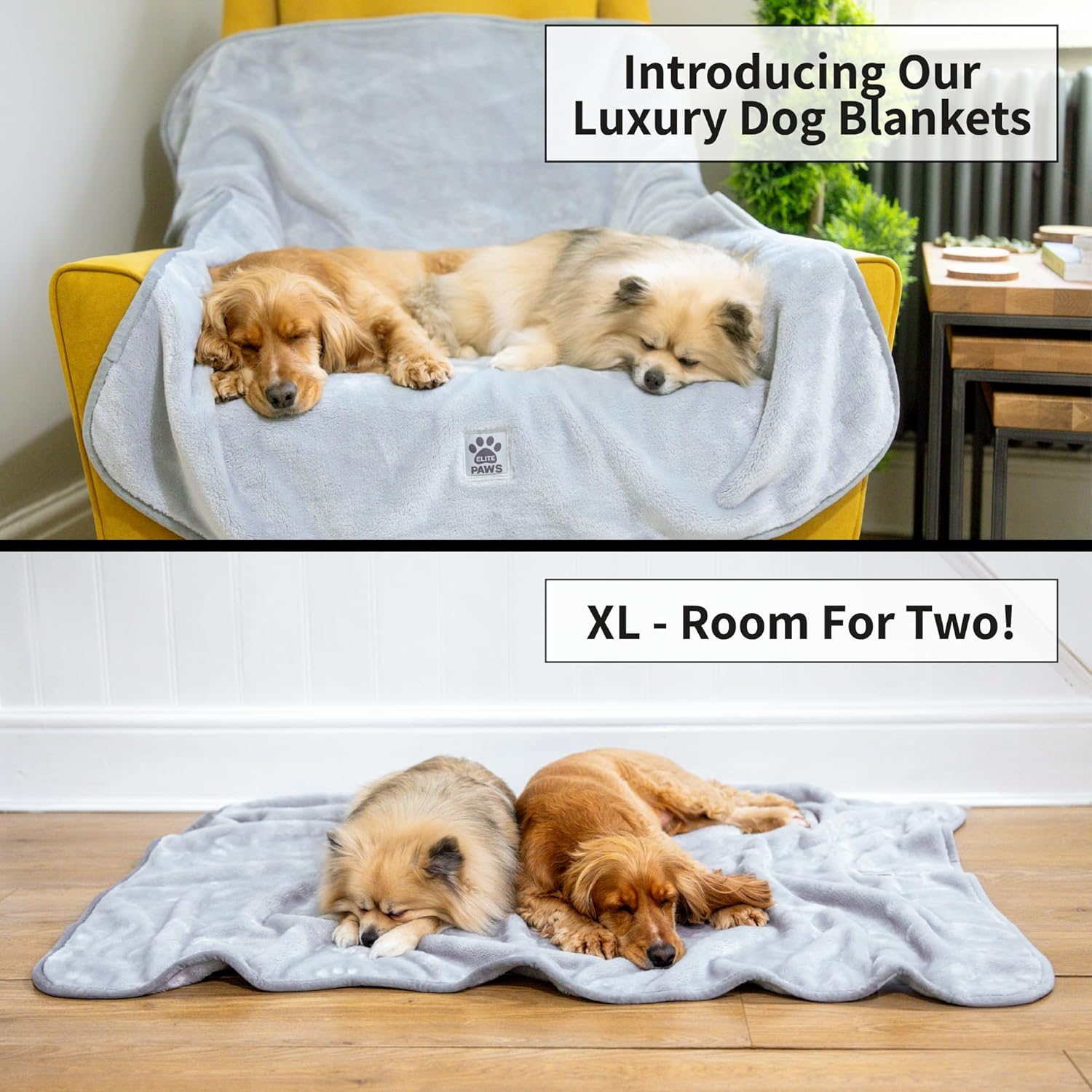 Elite Paws® UK: Luxury Dog Blanket - Plush, XL 130x100cm, Super Soft/Thick Fleece, Protects Sofas & Beds, Stylish, Durable & Washable, From Puppy to Adult Pet, For Home & Travel - 1 Pack (Grey)