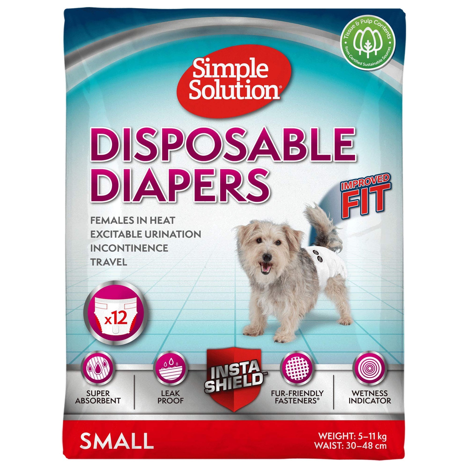 Simple Solution Disposable Dog Diapers for Female Dogs, Super Absorbent Leak-Proof Fit with Wetness Indicator for Excitable Urination, Incontinence or females in heat - 12 pack