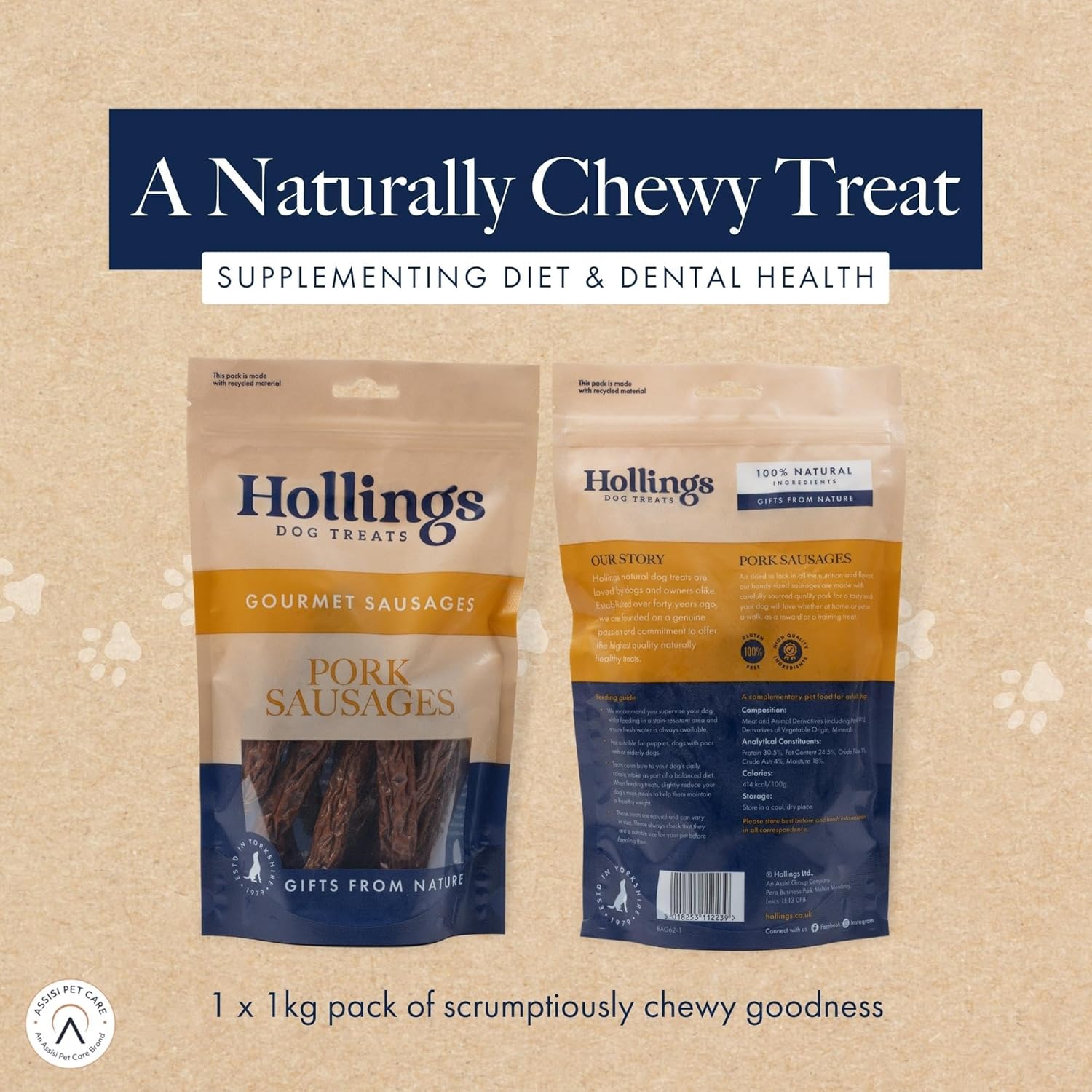 Hollings Pork Sausages Dog Treats, Delicious, Nutritious Air Dried Chews for Adult Dogs, 100% Gluten Free & Made with 100% Natural Ingredients (1kg)