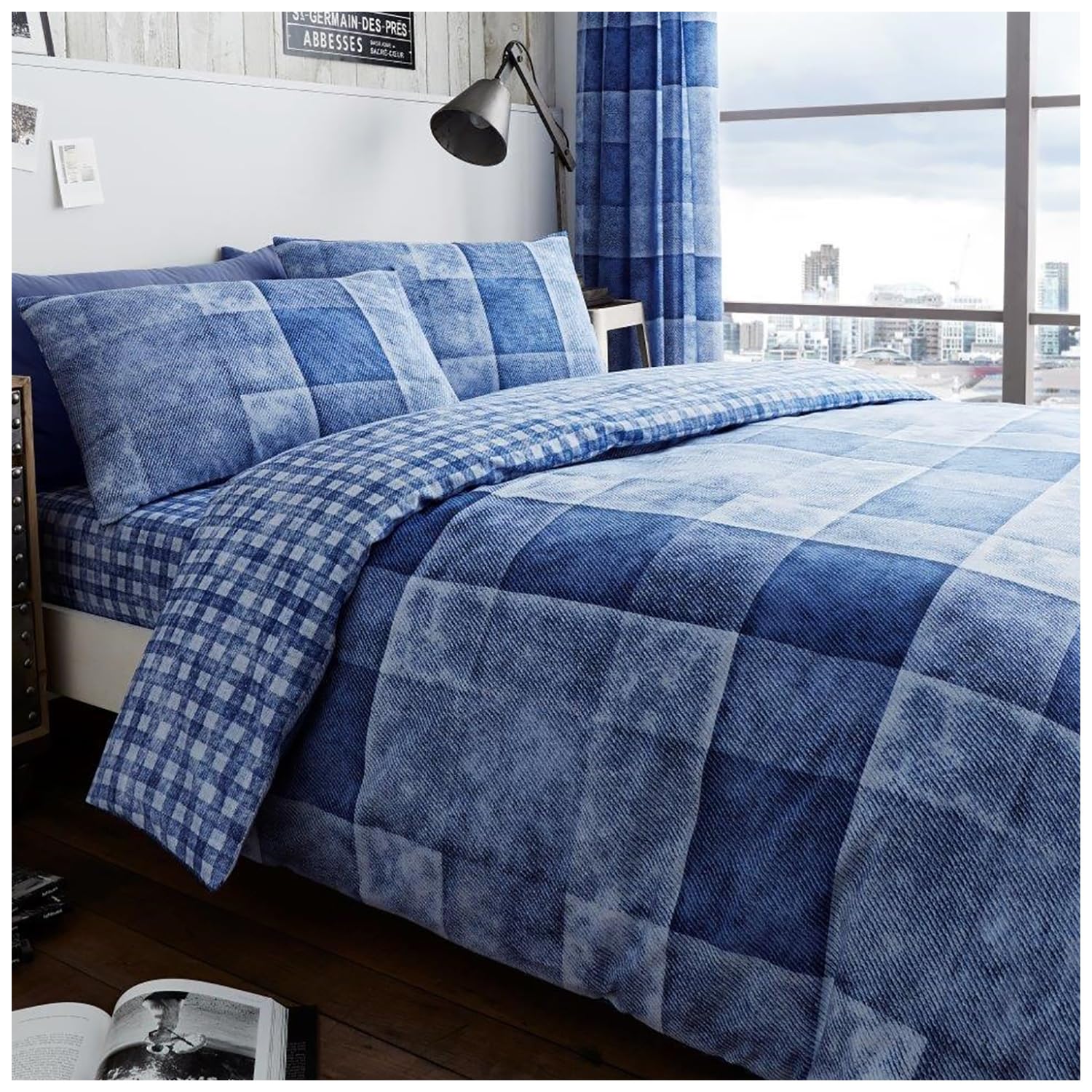 Gaveno Cavailia Luxury DENIM CHECK Bed Set with Duvet Cover and Pillow Cases, Polyester-Cotton - Comfort Style