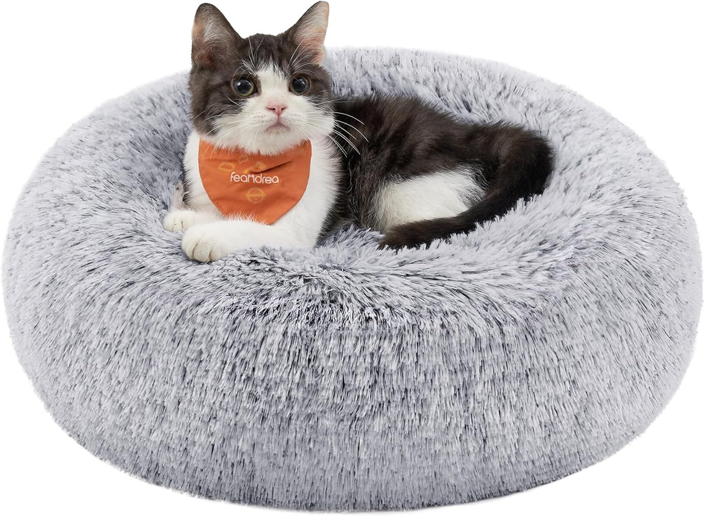 Feandrea Dog Bed, Donut Cat Bed, Fluffy Calming Pet Bed with Removable, Washable Cover, Soft Long Plush, 50 cm, Grey - Comfort Style